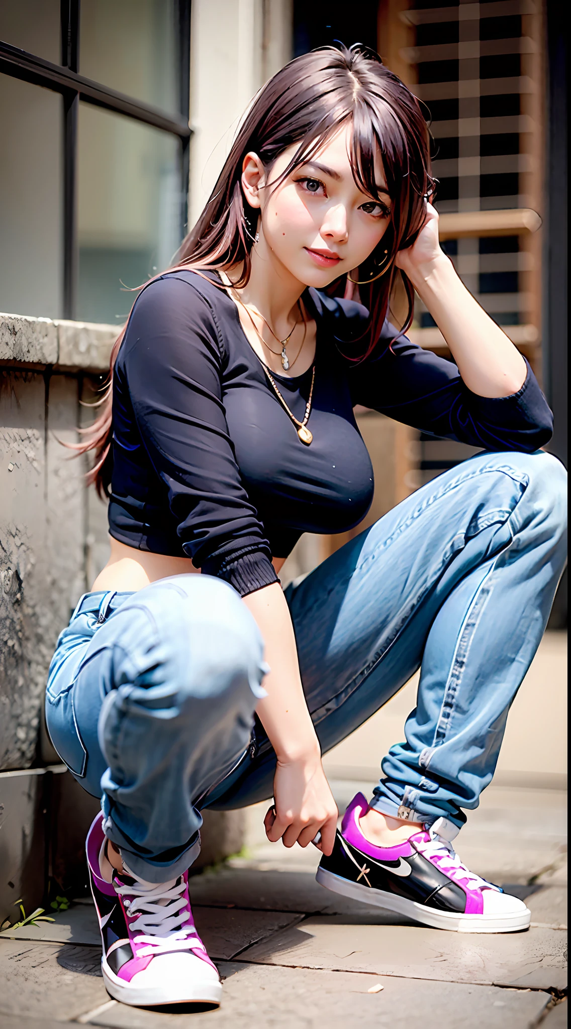 masterpiece, best quality, photorealistic, outdoors, beautiful lighting, cinematic lighting, wall, simple background, cafe, street, day, sunlight, in public, crowds
AND yae miko, pink hair, pink eyes, teasing, smug, smirk, head tilted, knee up, looking at viewer, glossy skin, pose, contrapposto, medium breasts, jeans, pants, long pants, denim, navel, midriff, nose blush, necklace, (sneakers:1.2)
AND Raiden shogun, purple hair, purple eyes, serious, blush, looking at viewer, single braid, shirt, long hair, crossed legs, glossy skin, pose, squatting, medium breasts, jeans, pants, long pants, denim, smile, necklace,(sneakers:1.2),