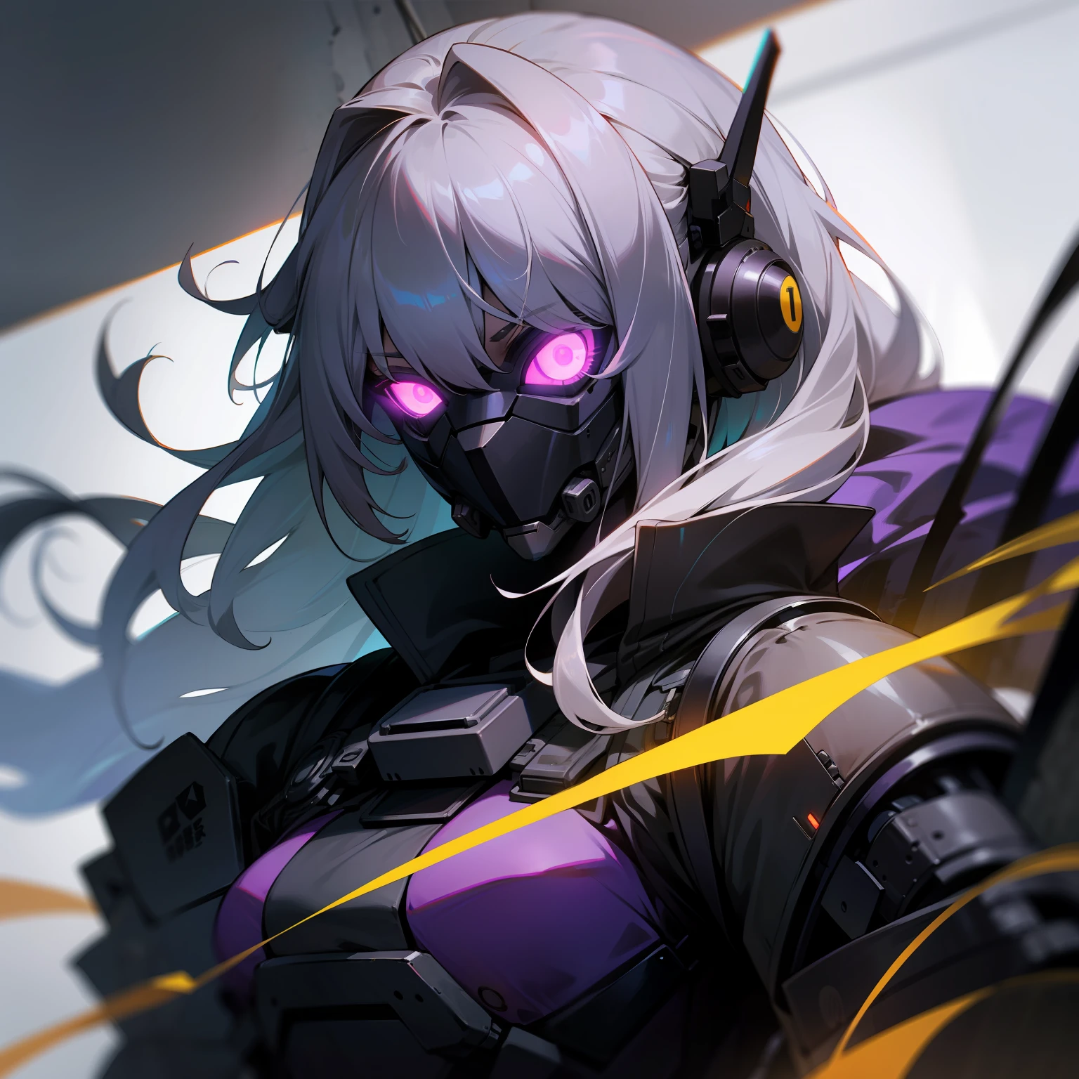 1girl, long gray hair, military gear, tactical vest, black clothes, oxygen mask, black gloves, glowing purple eyes, mechanized, giant robot behind her