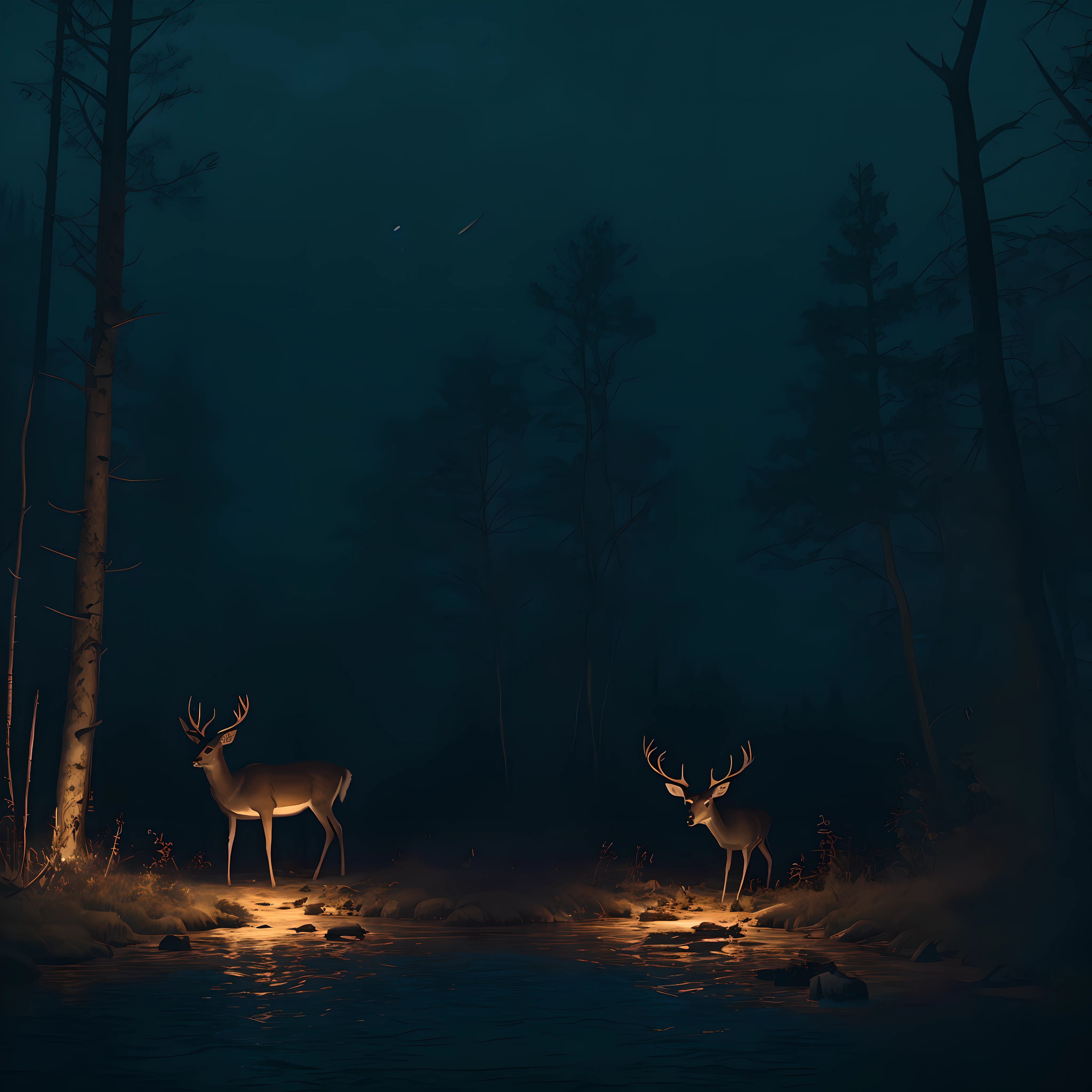 In the dark forest, there is a wounded deer, crying, surrounded by a dark river --auto