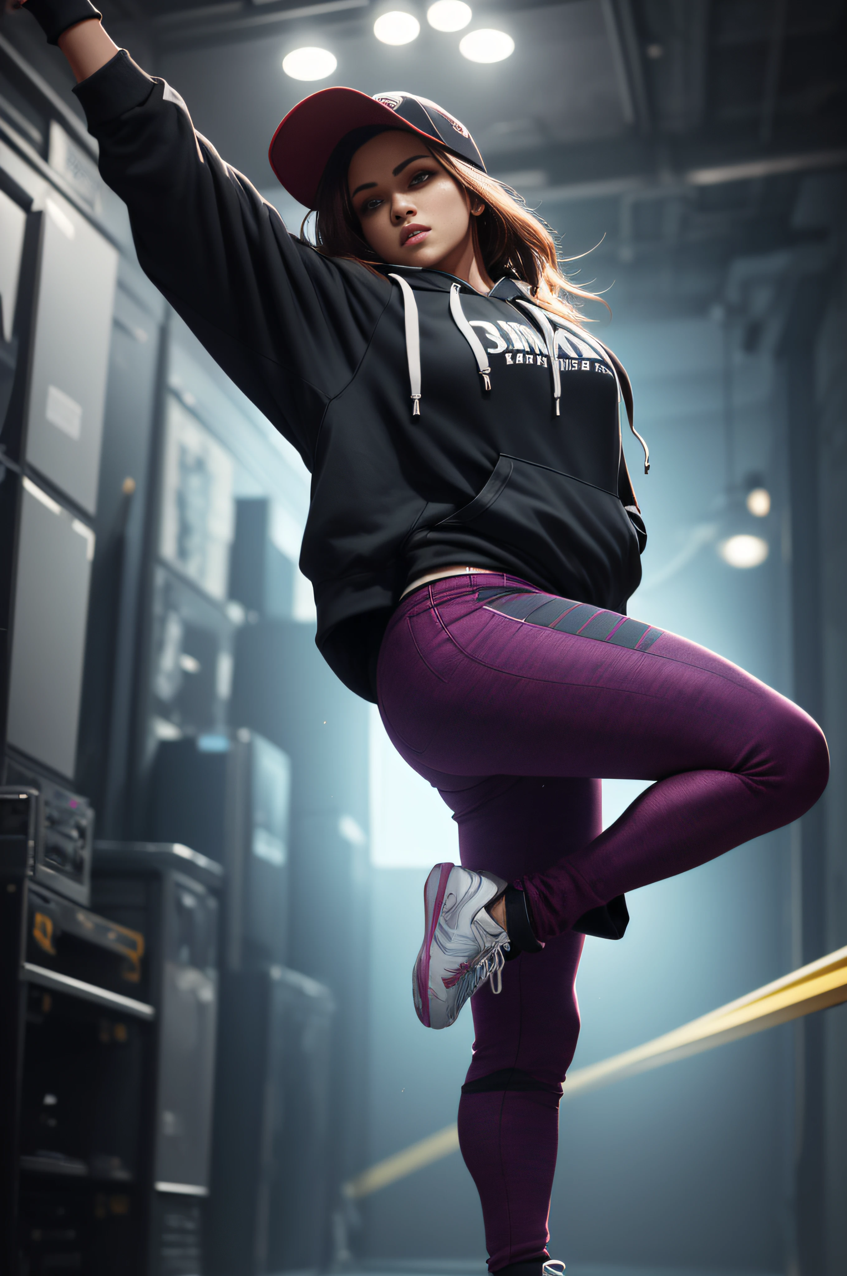 (Brilliantly Dancing Hip-Hop Dancer Woman: 1.3), (RAW Photo: 1.2), (Photorealistic: 1.6), (Masterpiece: 1.3), (Best Quality: 1.4), High Resolution, HDR, 8k Resolution, (Complex Details: 1.6), (Volumetric Light), Handsome Man, Flashy Colored Outfit, Symmetrical, Big Silhouette Hoodie, Cap, Smooth Movement, Strength, Intimidating, excited, cheering, textured pose, (exact anatomy: 1.3), detail, high definition, astounding quality, Unreal Engine, octane lender,