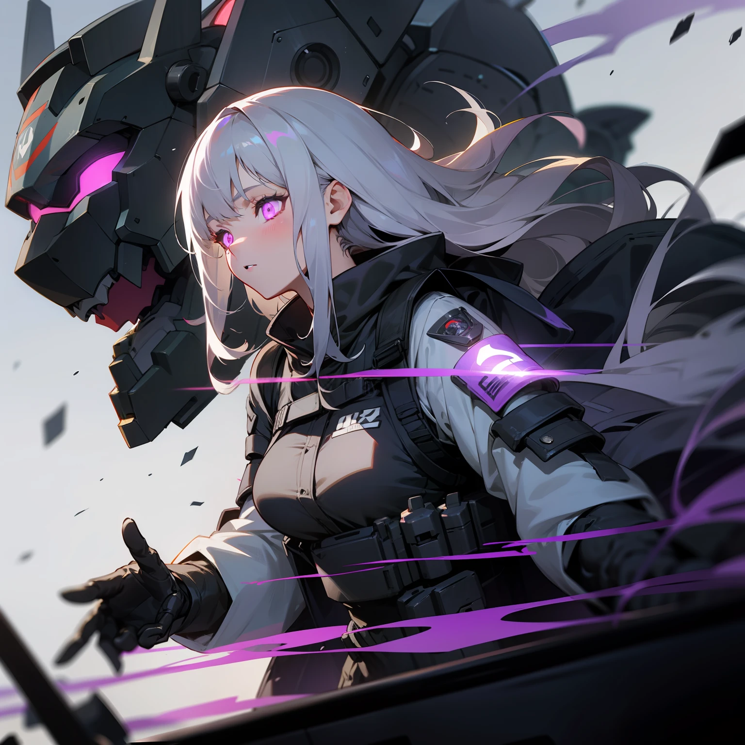 1girl, long gray hair, military gear, tactical vest, black clothes, oxygen mask, black gloves, glowing purple eyes, mechanized, giant robot behind her
