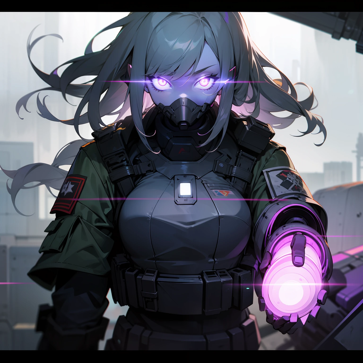 1girl, long gray hair, military gear, tactical vest, black clothes, oxygen mask, black gloves, glowing purple eyes, mechanized, giant robot behind her