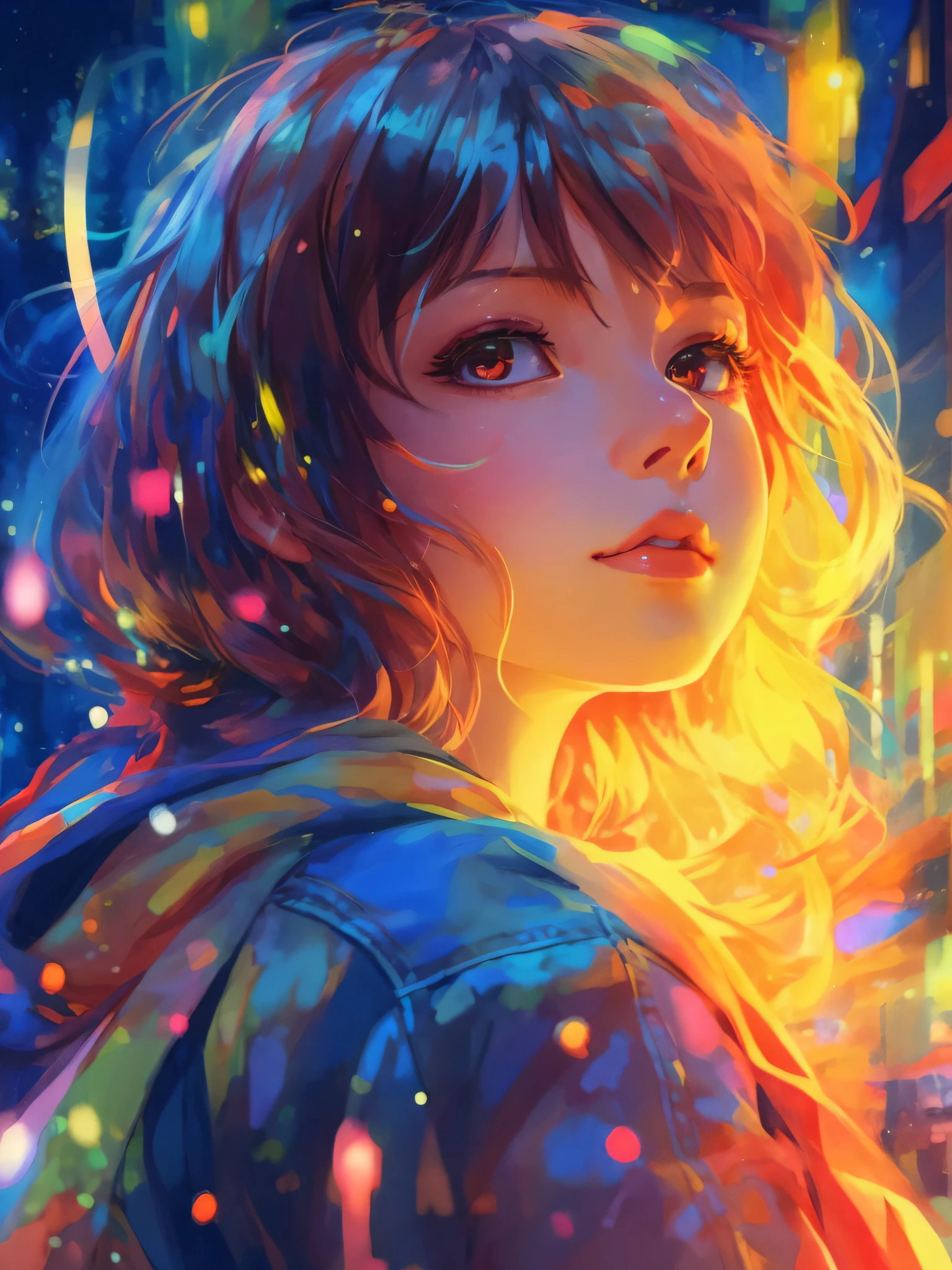 a girl with a bright hair and a blue jacket looks at the camera, inspired by Yuumei, digital anime art, colorful digital painting, rossdraws cartoon vibrant, anime style 4 k, alice x. zhang, by Yuumei, digital anime illustration, beautiful anime portrait, vibrant digital painting, detailed digital anime art, anime digital art