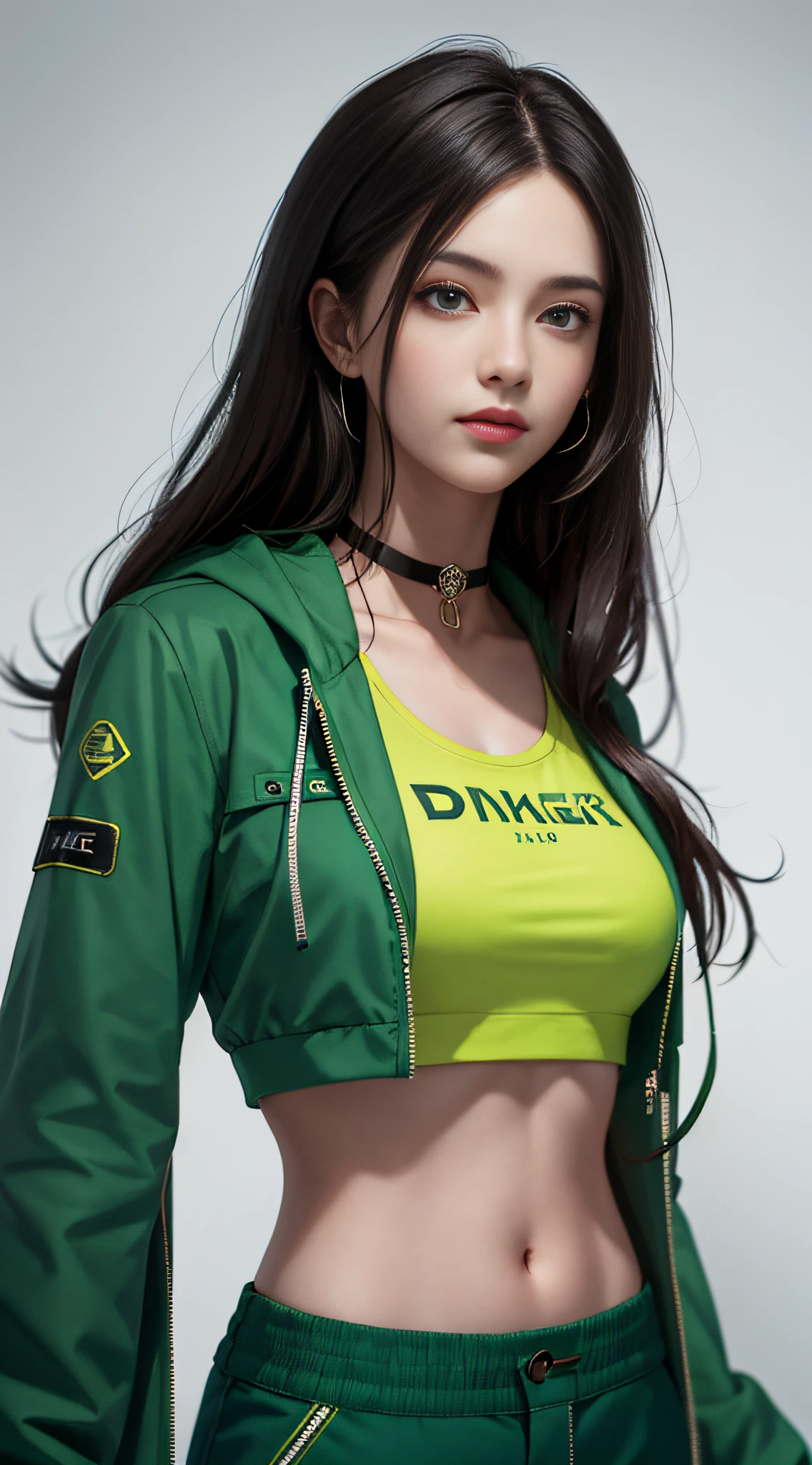 (masterpiece, best quality, 1girl, solo, fine detail, chromatic aberration), realistic, (medium breath), long hair, sharp eyes, choker, neon shirt, open coat, crop top, (symmetrical eyes), (perfectly symmetrical body), graffiti, dim lights, alleys, looking at the audience, Guvez style artwork, realistic art style, Woman posing for photo in green coat and green pants