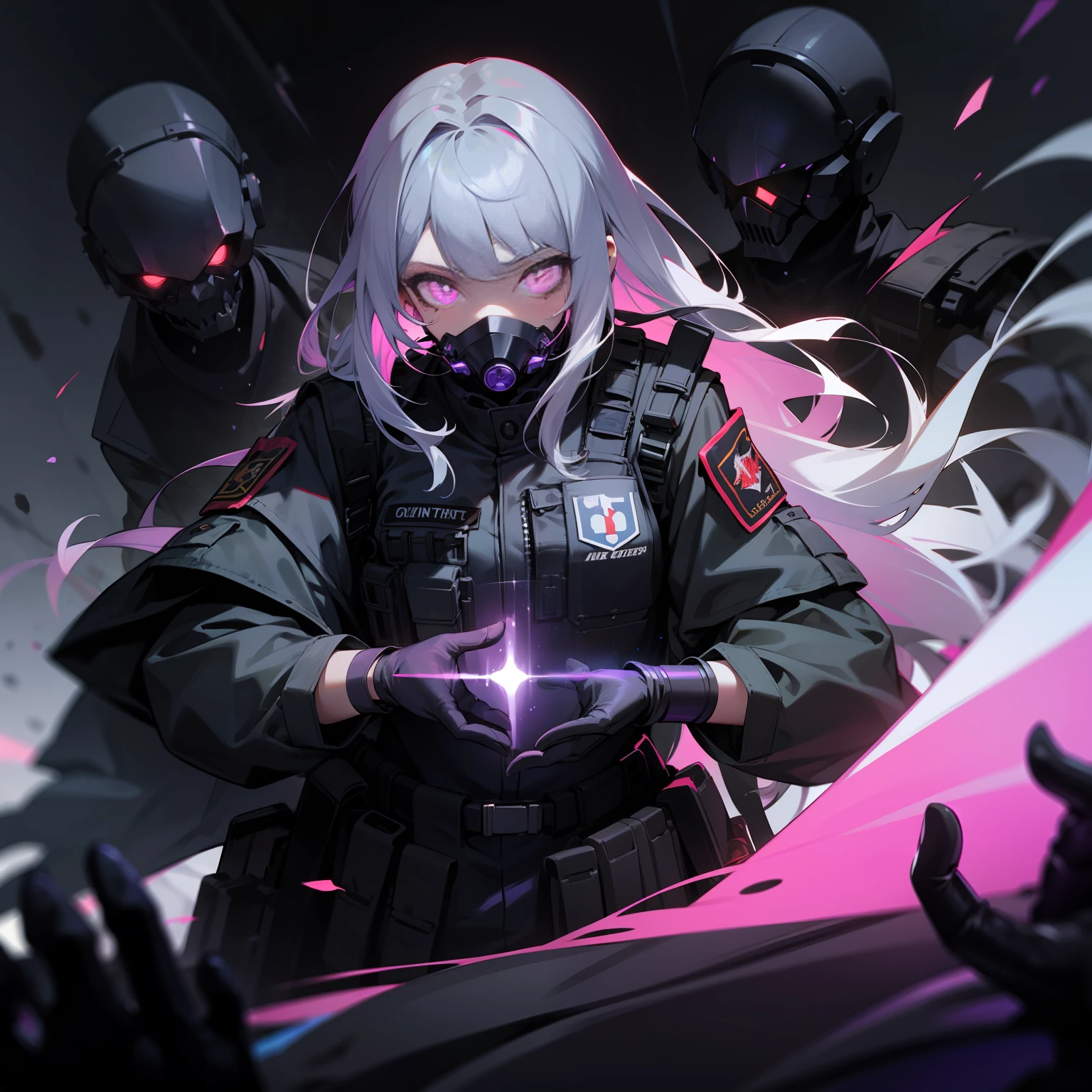 1girl, long gray hair, military gear, tactical vest, black clothes, oxygen mask, black gloves, glowing purple eyes, mechanized, surrounded by soldiers
