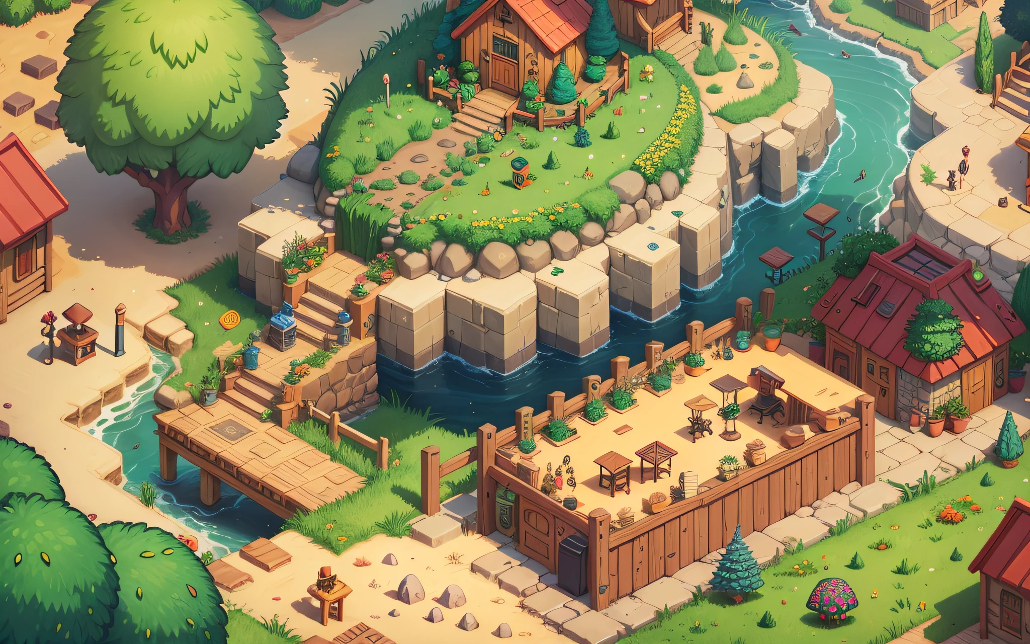 Stardew Valley style, brilliant colors, axonometry, restaurant room