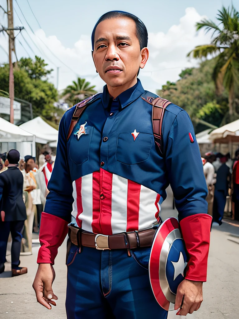 4k, Best quality, masterpiece, ultra high res, beautiful lighting, (realistic, photo-realistic:1.4), realistic background, jokowi, 1man, 50 years old, wear captain america superhero outfit with a concave disk, long shot,