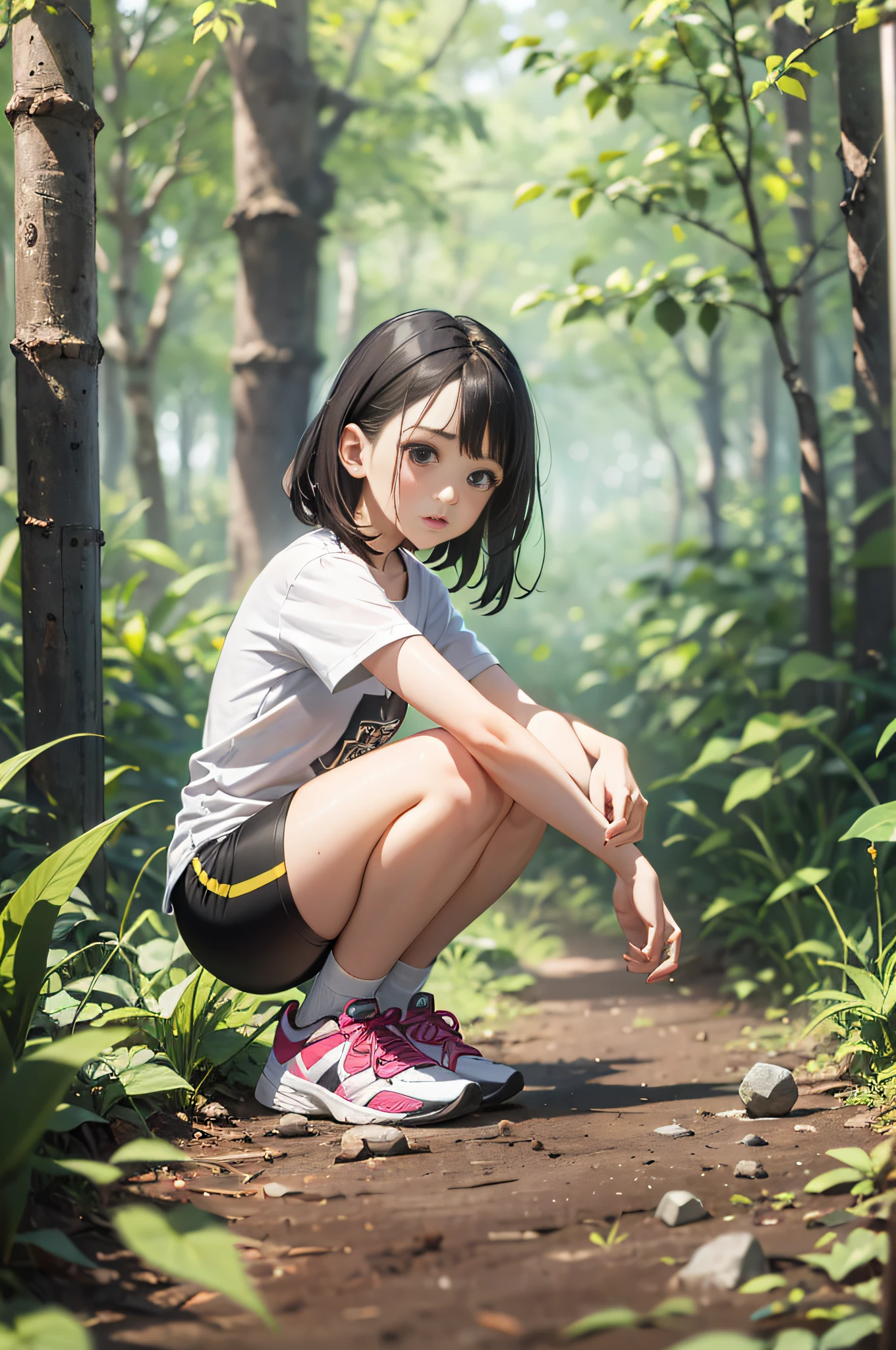 an 8-year-old girl named Anne, full body, bending down to pick up small rocks from the ground in a forest, wearing plain black biker shorts, plain white T-shirt with no image, white sneakers, white skin, black eyes, fleshy lips, straight shoulder-length black hair, small, slim hands. absurdities, better quality, soil, aside