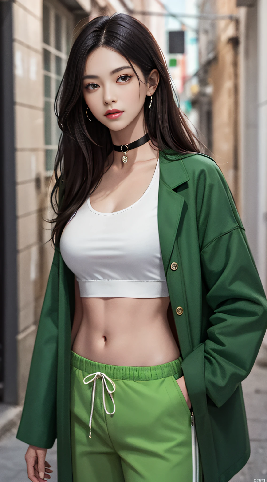 (masterpiece, best quality, 1girl, solo, fine detail, chromatic aberration), realistic, (medium breath), long hair, sharp eyes, choker, neon shirt, open coat, crop top, (symmetrical eyes), (perfectly symmetrical body), graffiti, dim lights, alleys, looking at the audience, Guvez style artwork, realistic art style, Woman posing for photo in green coat and green pants