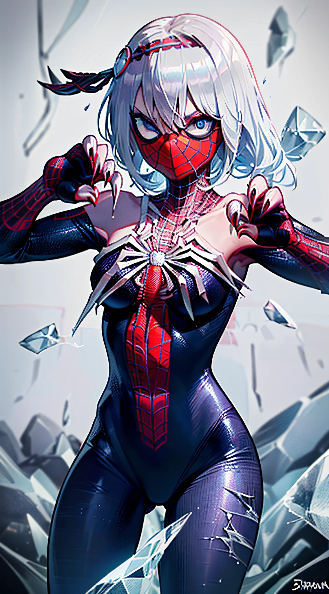 (masterpiece), (best quality), highres, kei1, 1girl, solo, blue eyes, long hair, ((((wears a detailed black female spiderman costume with mask and she has a battle pose with sharp claws made of ice on her fingernails and has normal person arms))), spider web-shaped ribbon, bangs, long hair and price, collar bone, gray hair, black hair band, neck ribbon, hair between eyes, medium-sized breasts, cowboy shot, smile, (((detailed anatomically correct body with detailed hands without mistakes)), ((She has battle pose with sharp claws made of ice)), (she is shooting spider webs like spider-man but with sharp ice), (full detallado escenario)