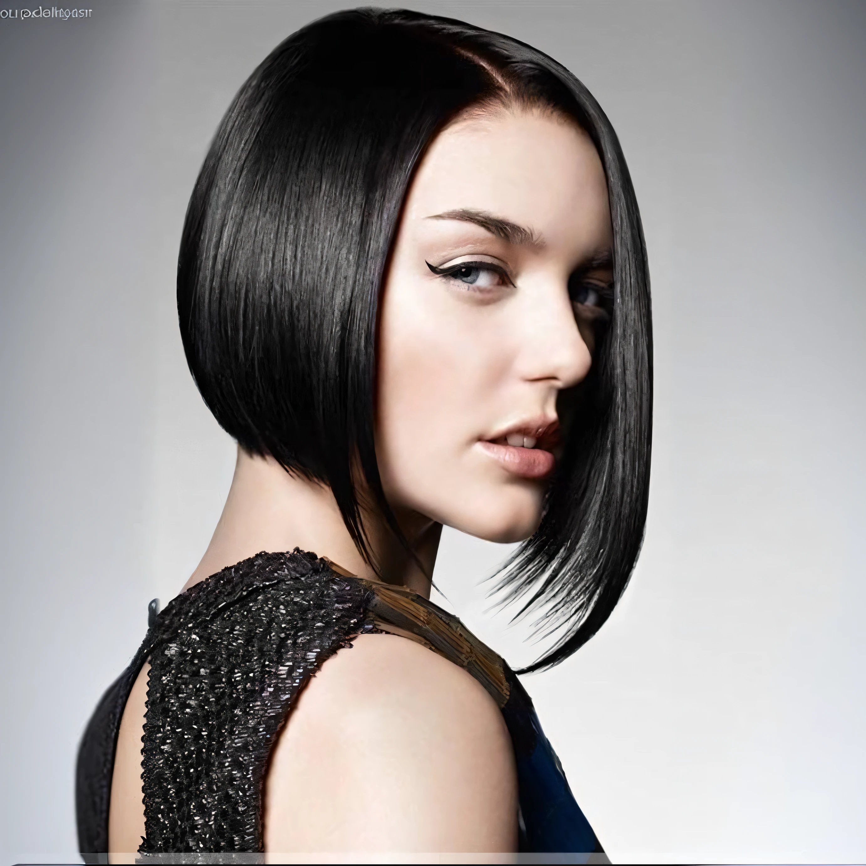a woman with a black bob cut and a black dress, black shiny bob haircut, shiny bob haircut, black bob hair, asymmetrical haircut, black bob haircut, chin-length hair, black bob cut hair, bob cut, bob cut hair, great _ hairstyle, black-hair, short - medium length hair, jet black hair, bob haircut, black dynamic hair