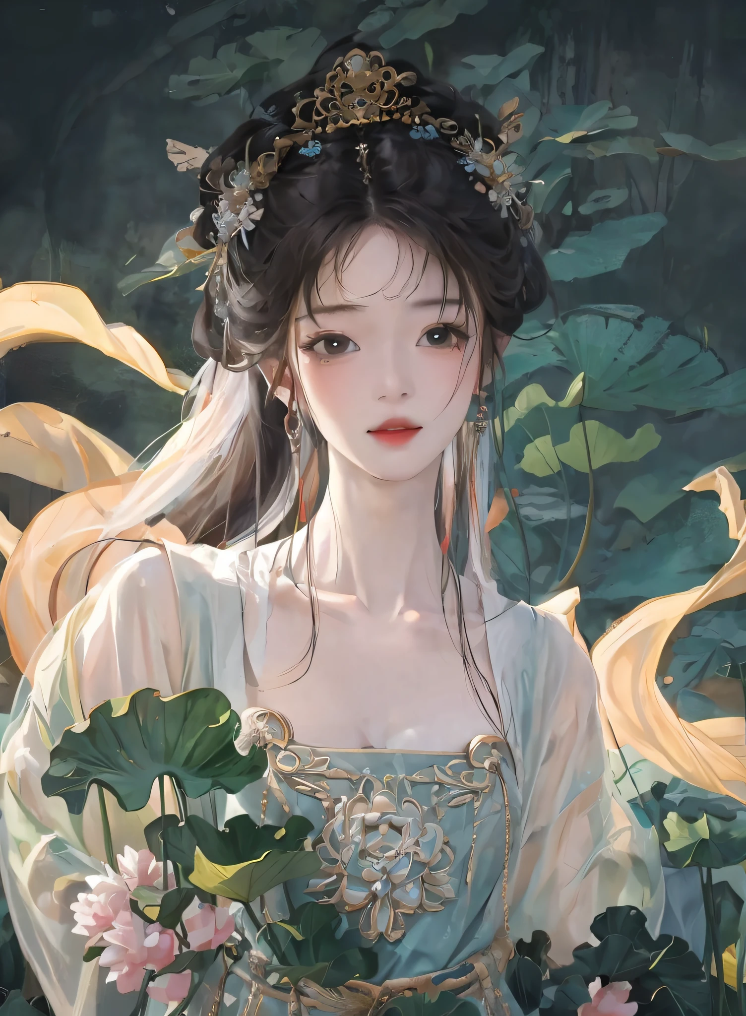 1girl, wearing Hanfu, lotus leaf, best quality, master, (full body: 1), highres, pretty face, hair accessories, (big breasts: 1) (solo: 1), looking at viewer, lips, dress, heal order , necklace, jewelry, (ridiculous long hair: 1.4), earrings, Hanfu, architecture, East Asian architecture, Hanfu, (fidelity: 1.5), super high resolution, best quality, blushing with shame, hair strands, behind arms, (expressive hair: 1.4) , perfect body proportions,