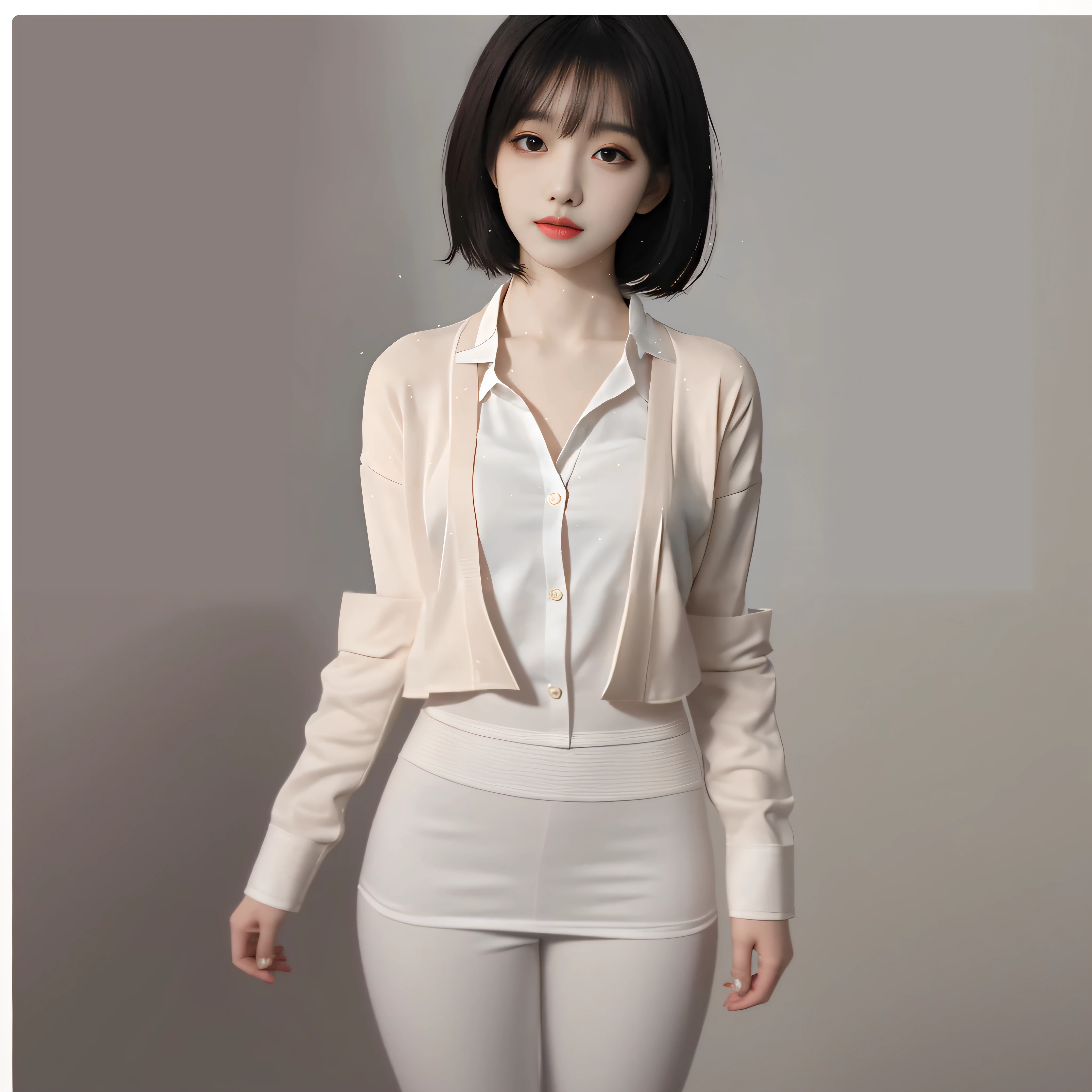 a close up of a woman with a white shirt and a red lipstick, with short hair, korean girl, white hime cut hairstyle, ulzzang, gorgeous young korean woman, realistic anime 3 d style, beautiful young korean woman, with short hair with bangs, korean women's fashion model, smooth white tight clothes suit, beautiful south korean woman, anime girl in real life