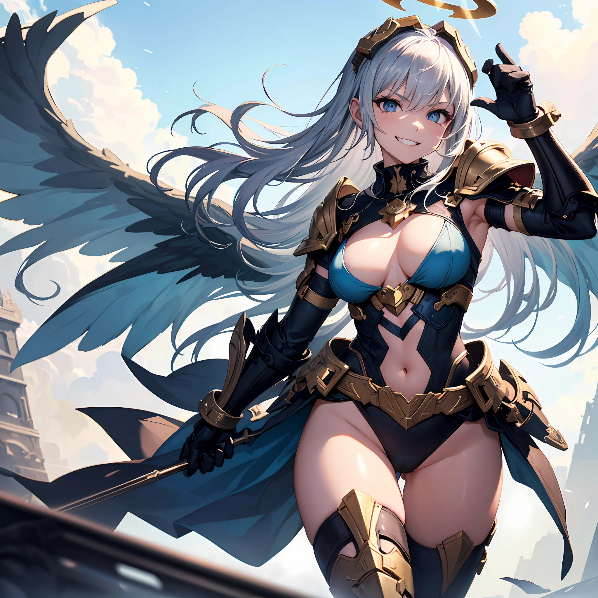 fantasy, 1angel_girl,, loli,medium_bob_hair, long_bangs, halo,bare_shoulder,thighhighs,silver_armor, waist_armor, large_breasts,angry,smile, grin,shiny_teeth,1pair_wings, dynamic_ pose_fighting,floating, bare_crotch, covered_nipples, covered_pussy,headgear,gauntlet, greaves,city_sky_background,slightly_spread_legs, solo, groin_naked,(masterpiece, best quality, best quality, official art, beautiful and aesthetic:1.2), (1 girl), very detailed,