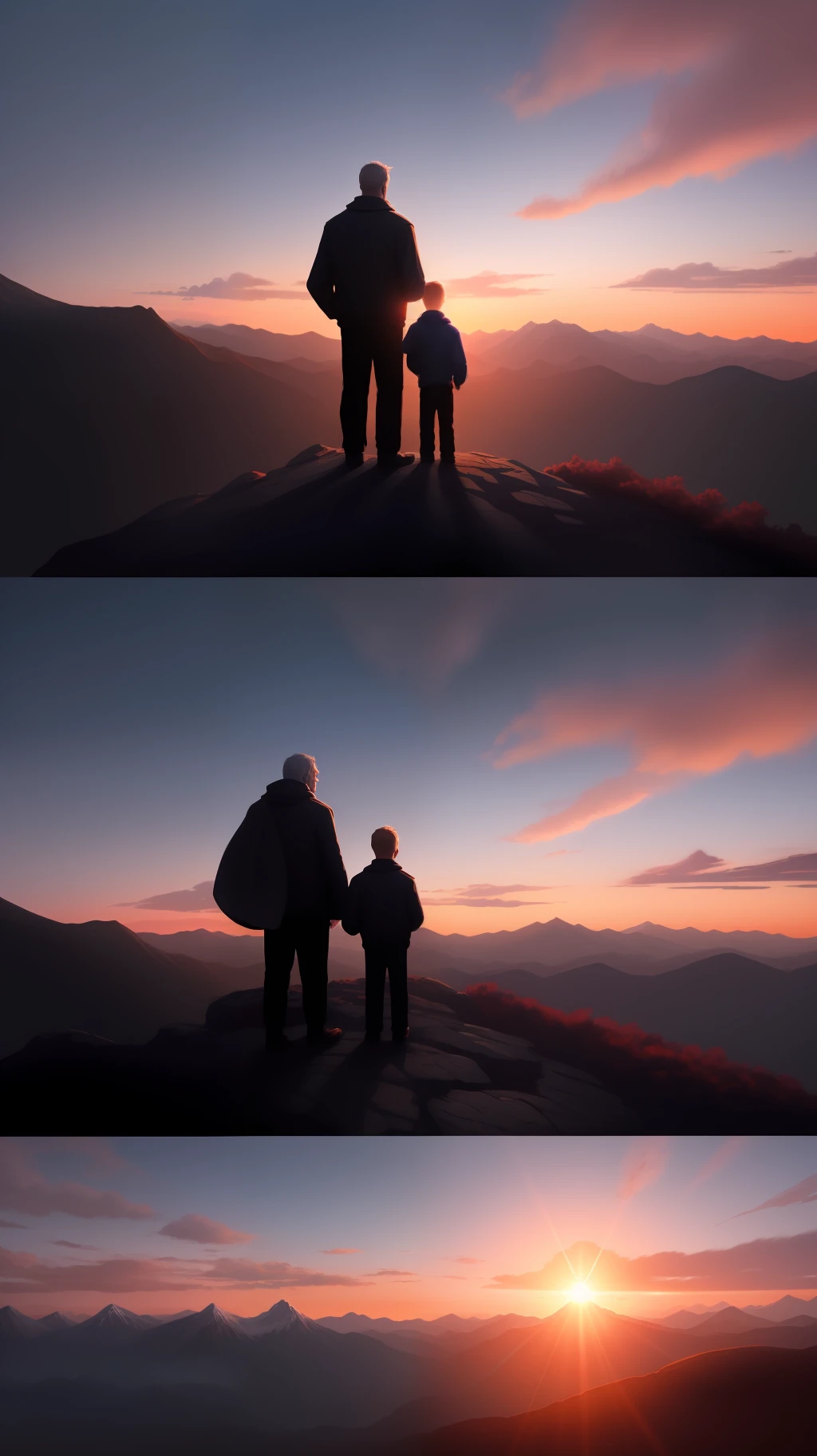 Father and son child, in close-up on mountaintop, beautiful valley, sunset, fantasy image, 4k, close-up image, single image