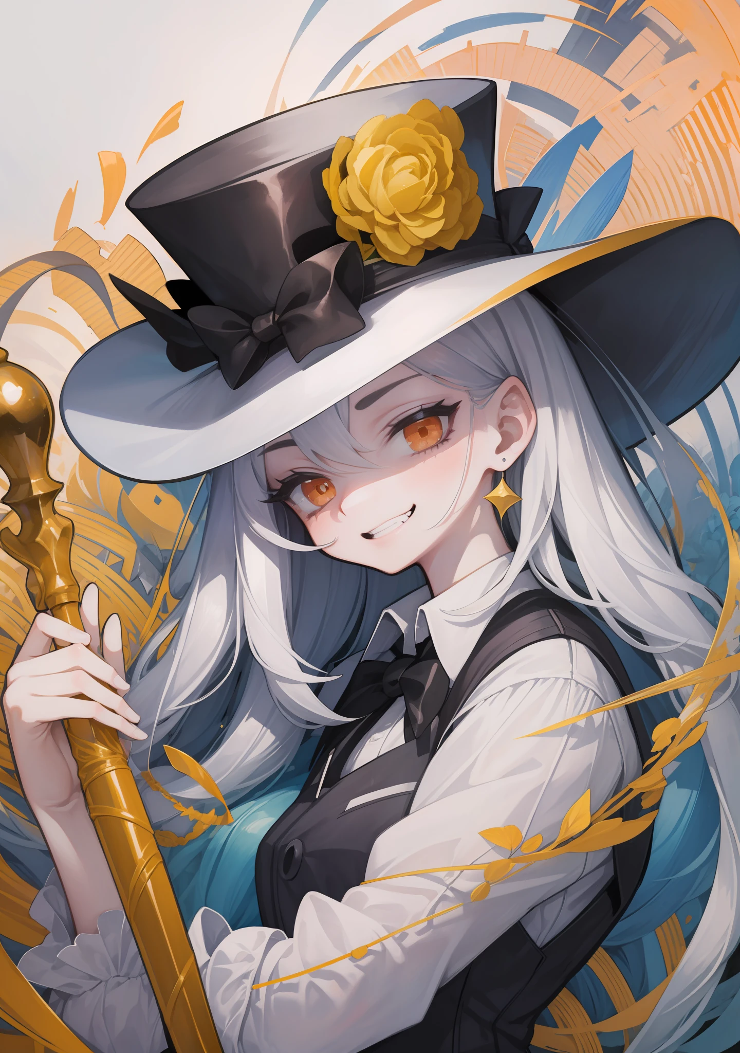 illustration of the highest quality, with a high degree of detail, 1  a girl dressed in a white shirt with a vest on top, a top hat on her head and a cane in her hands, with an evil smile, orange eyes, white hair