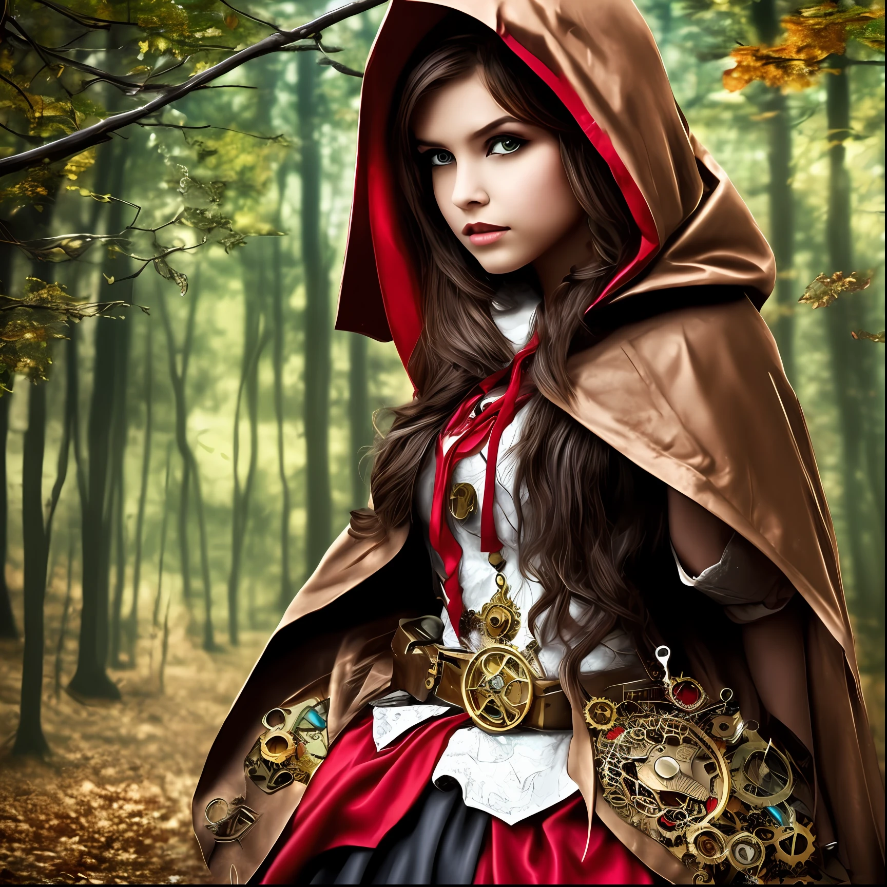 young woman brown hair loose with red hood red cape steampunk style little red riding hood forest with wolves --auto --s2