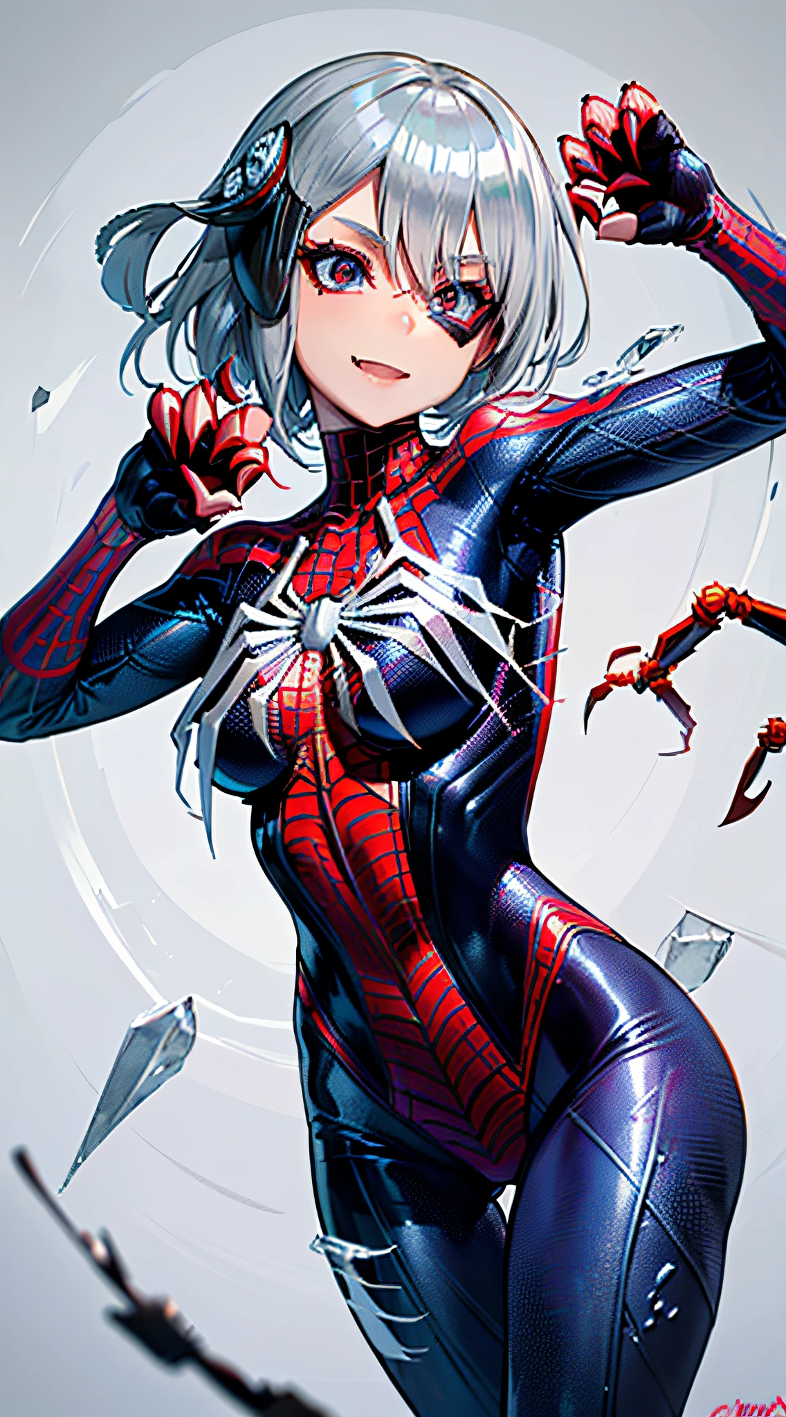 (masterpiece), (best quality), highres, kei1, 1girl, solo, ((Full spider-man mask covering face)), (((long gray hair))), (((wears a detailed black female spiderman costume with mask and she has a battle pose with sharp claws made of ice on her fingernails and has normal person arms))), spider web-shaped ribbon, bangs, long hair and price, collar bone, gray hair, black hair band, neck ribbon, hair between eyes, medium-sized breasts, cowboy shot, smile, ((detailed anatomically correct body with detailed hands without errors)), ((She has battle pose with sharp claws made of ice)), (she is shooting spider webs like spider-man but with sharp ice), (escenario complete detallado)