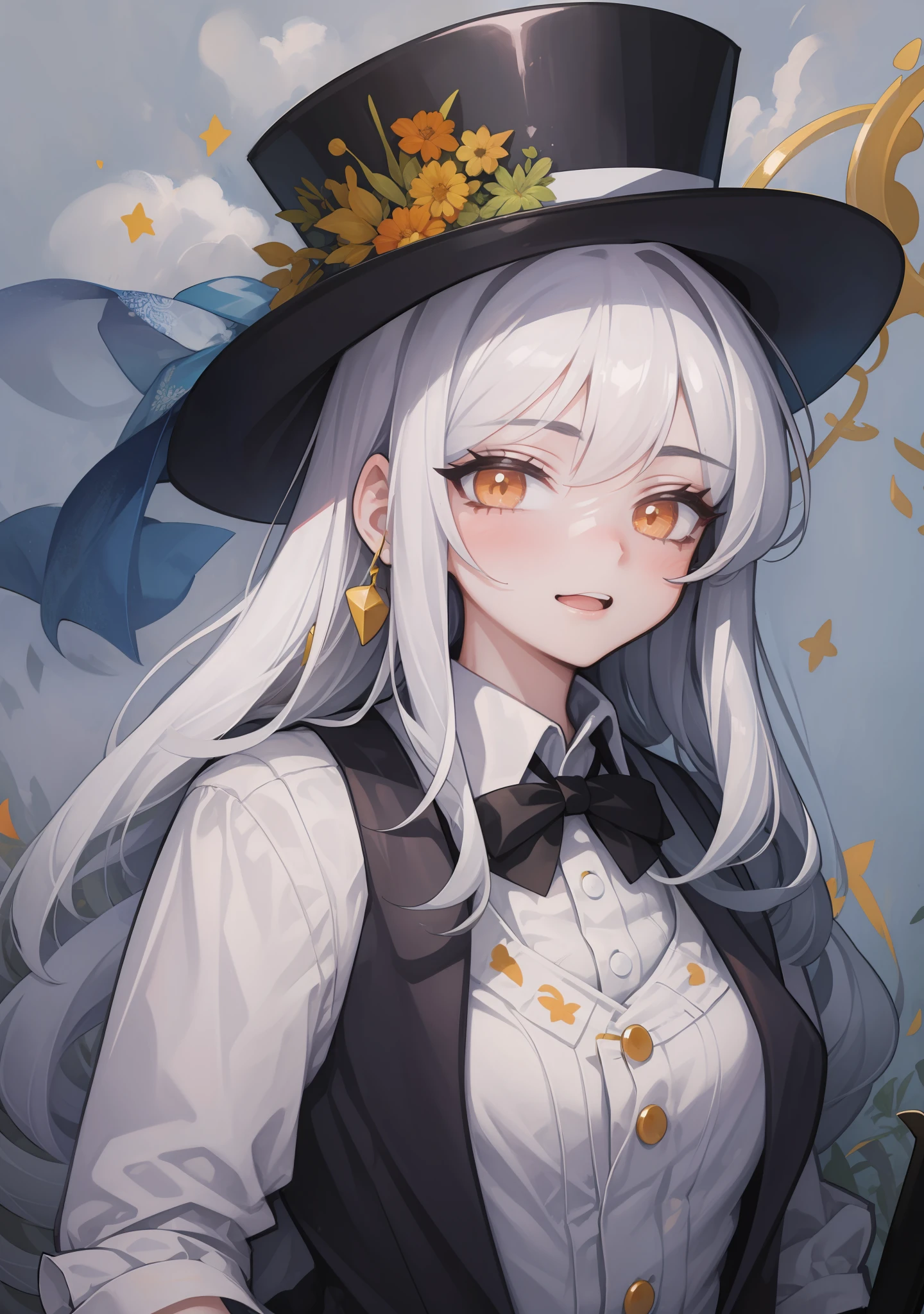 illustration of the highest quality, with a high degree of detail, 1  a girl dressed in a white shirt with a vest on top, a top hat on her head and a cane in her hands, with an evil smile, orange eyes, white hair