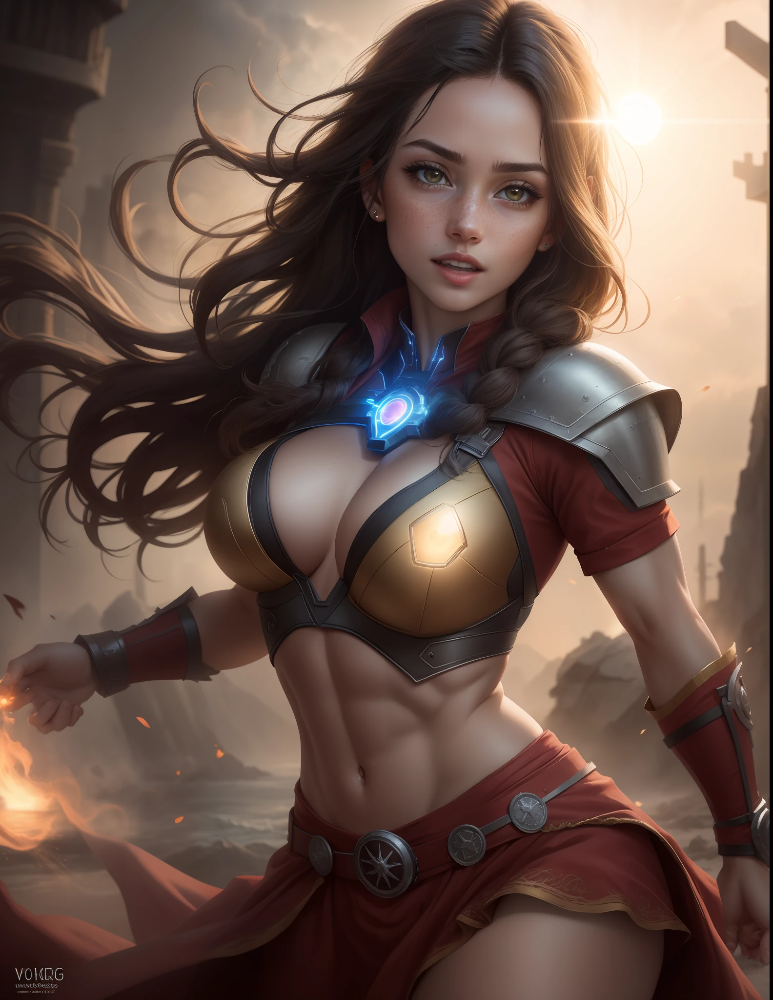 best quality, masterpiece, highres, photo realistic, ultra realistic, sun tyndall effect, photorealistic, dark studio, rim lighting, tone lighting, (high detailed skin:), 8k uhd, dslr, soft lighting, high quality, volumetric lighting, professional photo shoot, ana de armas, (very detailed face), viking garb, glowing heart, gold, action pose, dynamic, detailed background, defined abs, big breasts, epic magic, long braided hair, freckles, massive breasts, wind in hair, perfect hands, perfect feet, perfect teeth, softly glowing arc Reactor, viking garb