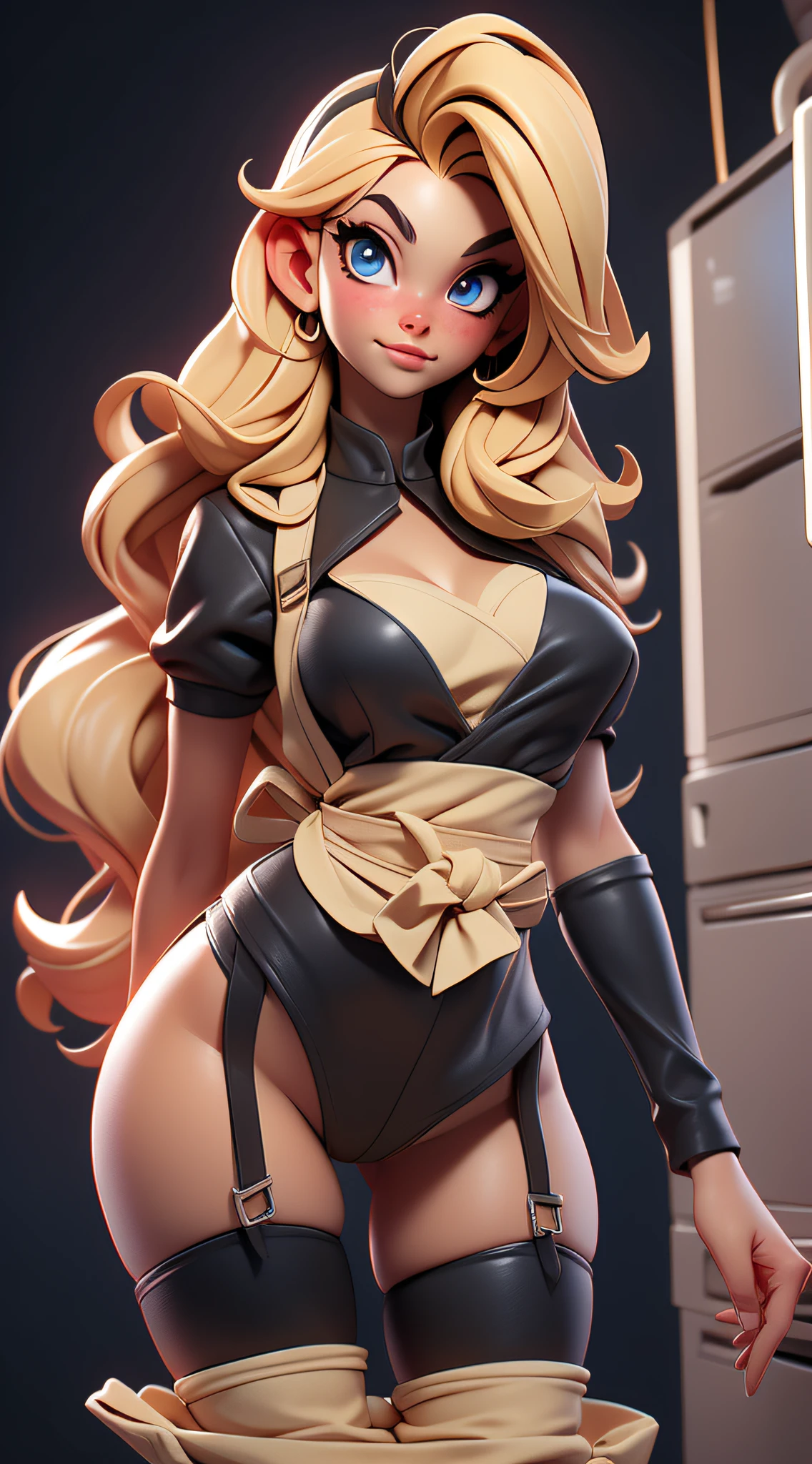 (hyperrealistic), (illustration), (high resolution), (8K), (extremely detailed), (best illustration), (beautiful detailed eyes), (best quality), (super detailed), (masterpiece), (wallpaper), (detailed face), solo, (dynamic pose), 1 girl, white wavy hair in the kitchen, korean, heterochromic eyes, small moles under the eyes, ((apron)), big breasts, long legs, tightens abs, (camel toes), (black stockings), (no panties), (no bra) ，(full body )