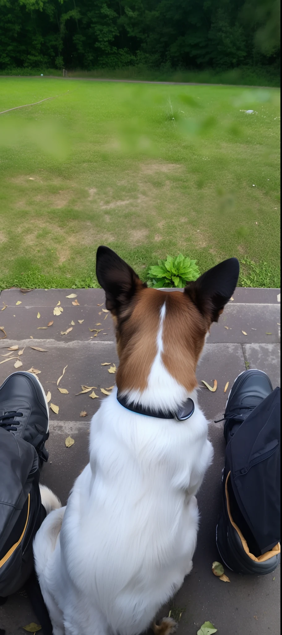 there is a dog sitting on the ground with his owner, looking off into the distance, looking away from the camera, looking into the distance, over the shoulder view, looking away from camera, looking heckin cool and stylish, gazing off into the horizon, facing away from the camera, looking at the ground, kneeling and looking up, looking off to the side