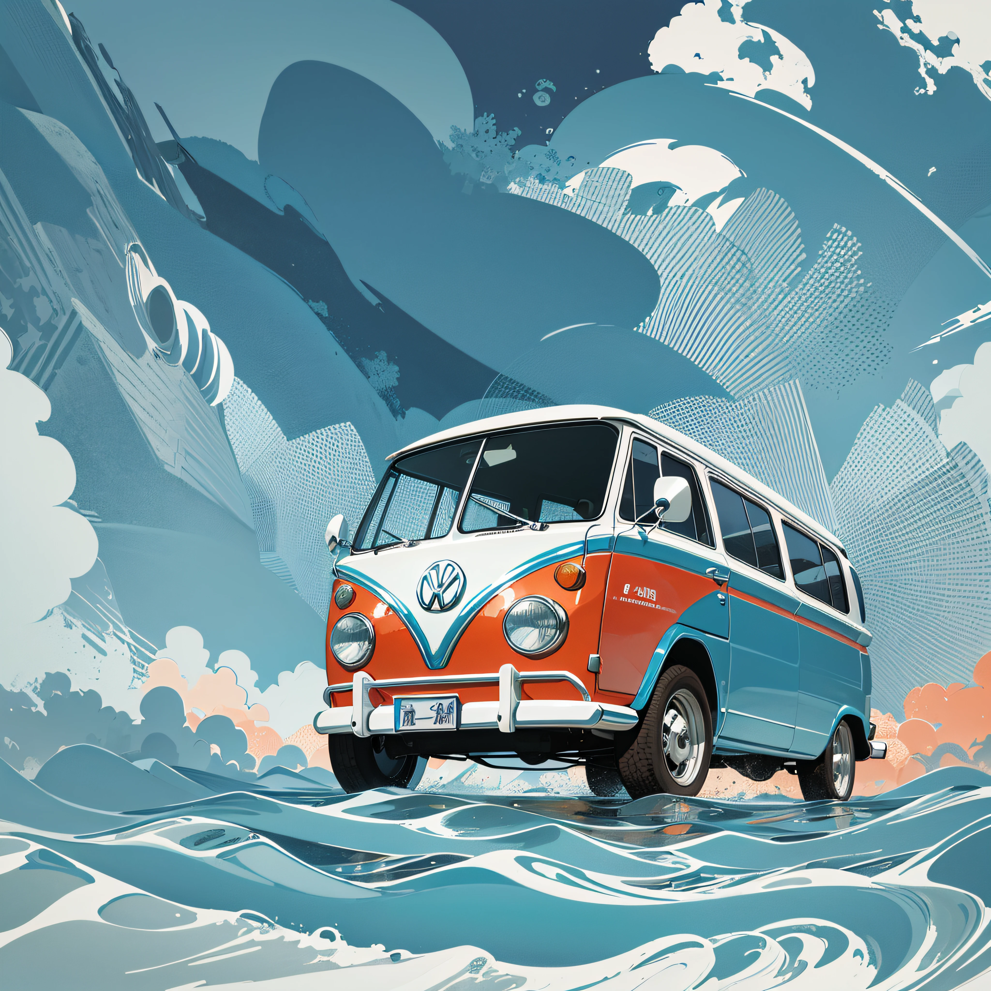 graphic design, flat design, Vw Kombi 1968 off-road, passing through a river. watercolor splashes, highly detailed clean, photorealistic masterpiece, professional photography, realistic car, White background, isometric, vibrant color vector --auto