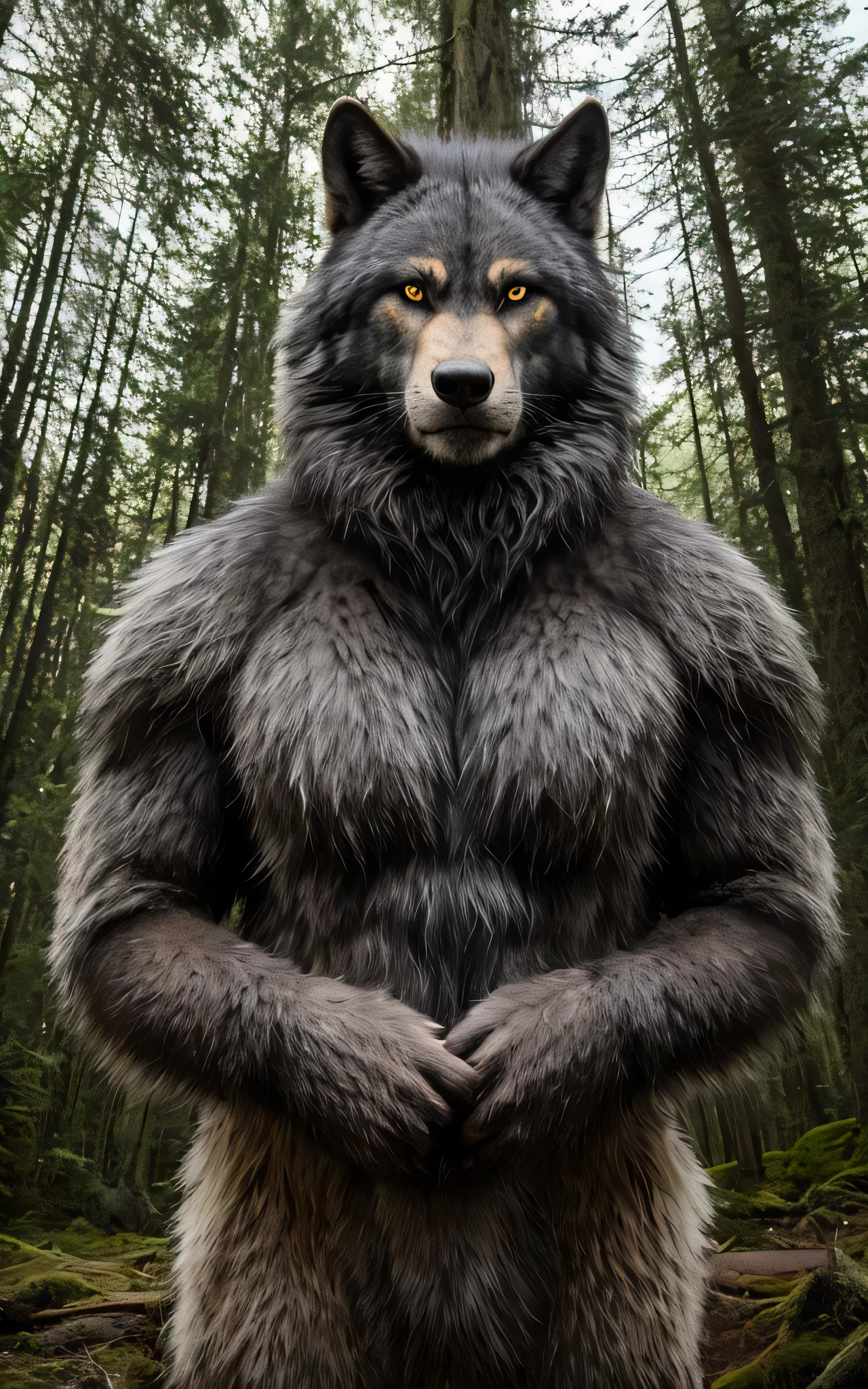 ((portrait)), award-winning photo portrait of a werecreature werewolf wolf, wearing a black and silver armor, with gigant axe in the hands, forest trees background, large head,