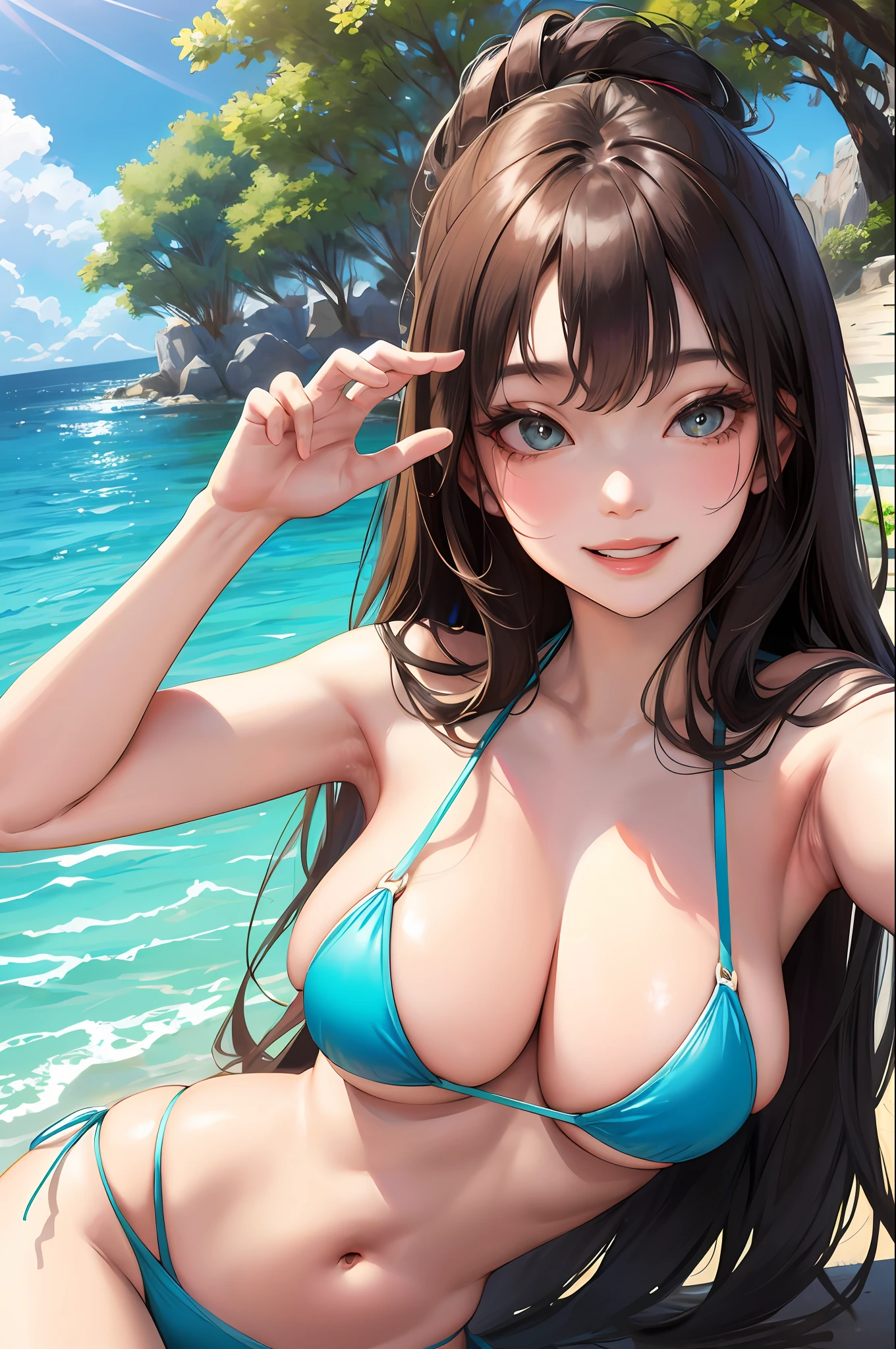 Realistic, 2 12 year old girls, body close, selfie, wearing bikini, big breasts, smiling face
