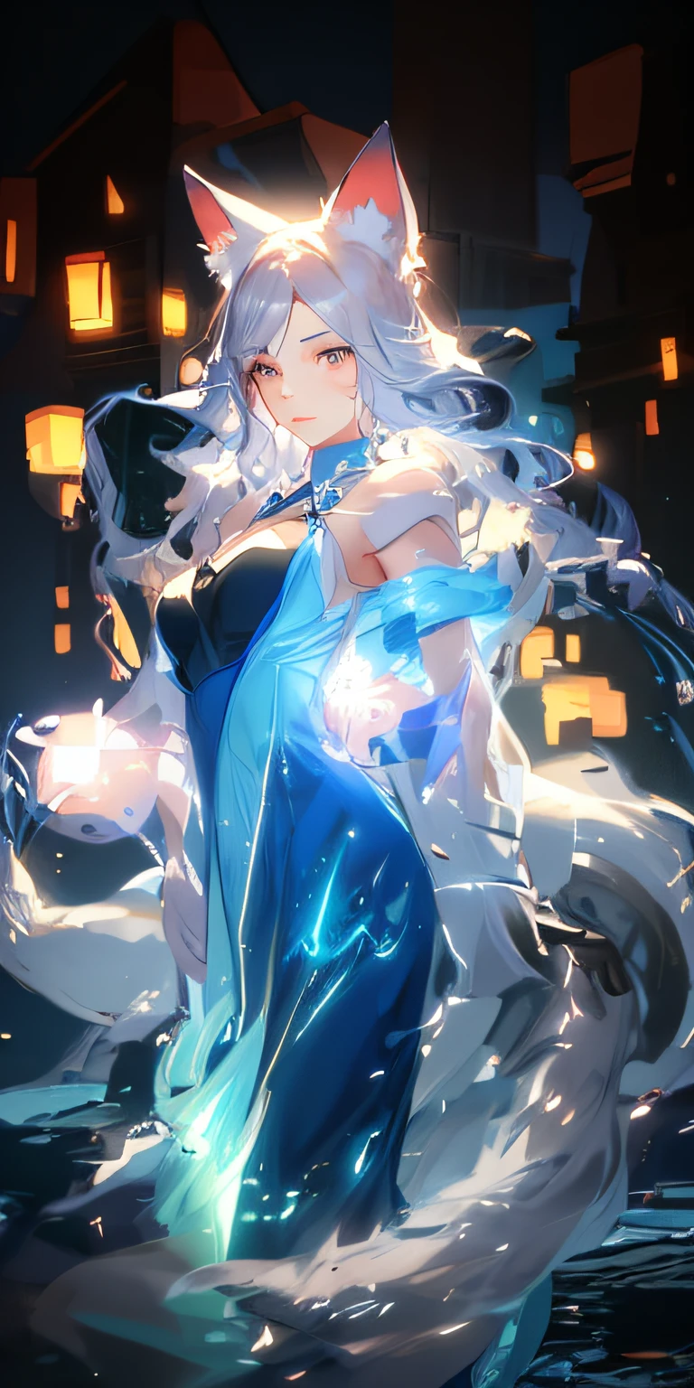 anime girl in a blue dress with a cat ears and tail, glowing flowing hair, rossdraws global illumination, flowing glowing hair, beautiful digital artwork, fanart best artstation, trending on artstation pixiv, flowing magical robe, digital art on pixiv, artgerm and atey ghailan, detailed digital anime art, glowing with silver light