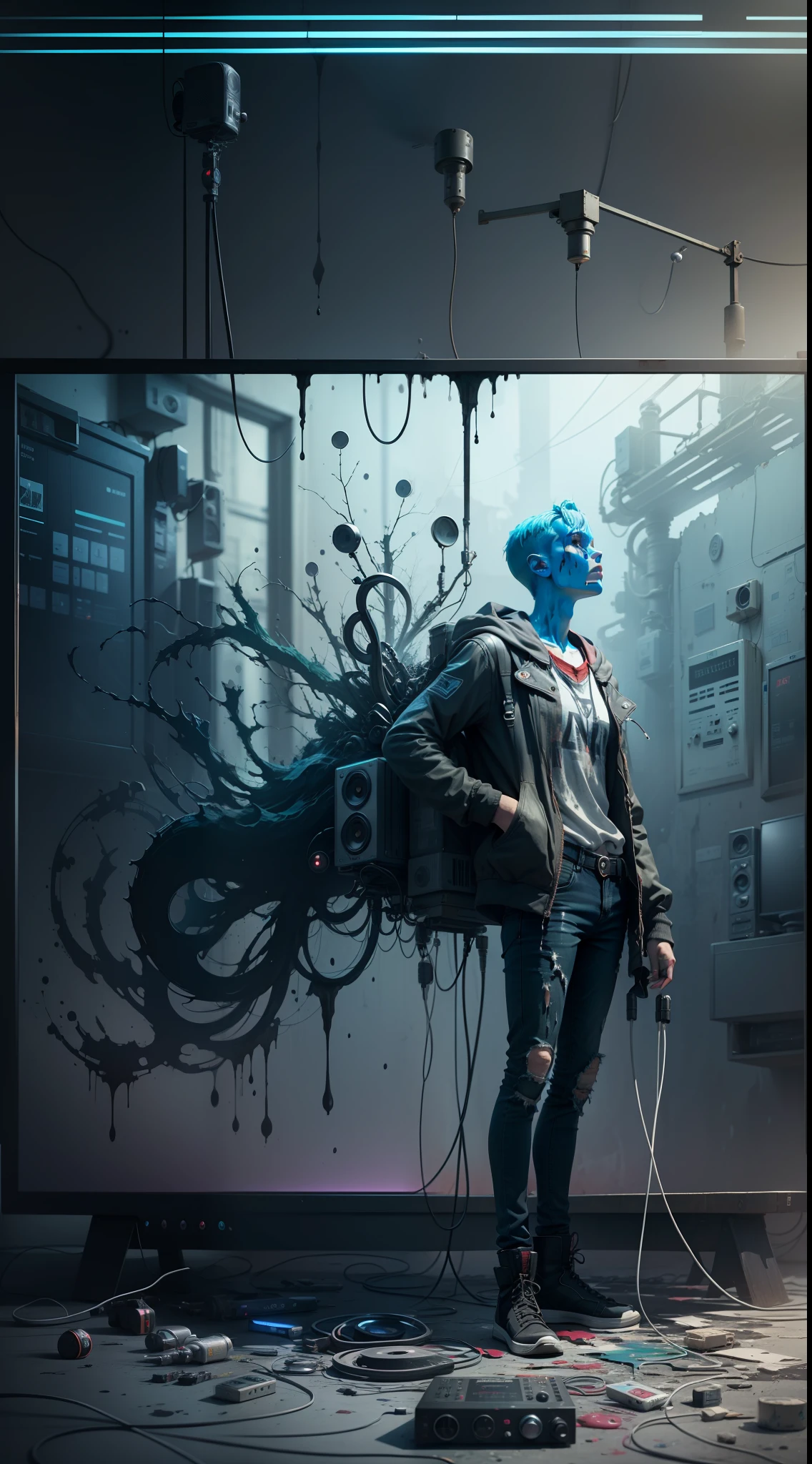 a digital tv store mannequin hi fi new media model in the style of gothic industrial decaying figures 4k, octane rendering, dripping paint, data bending environment