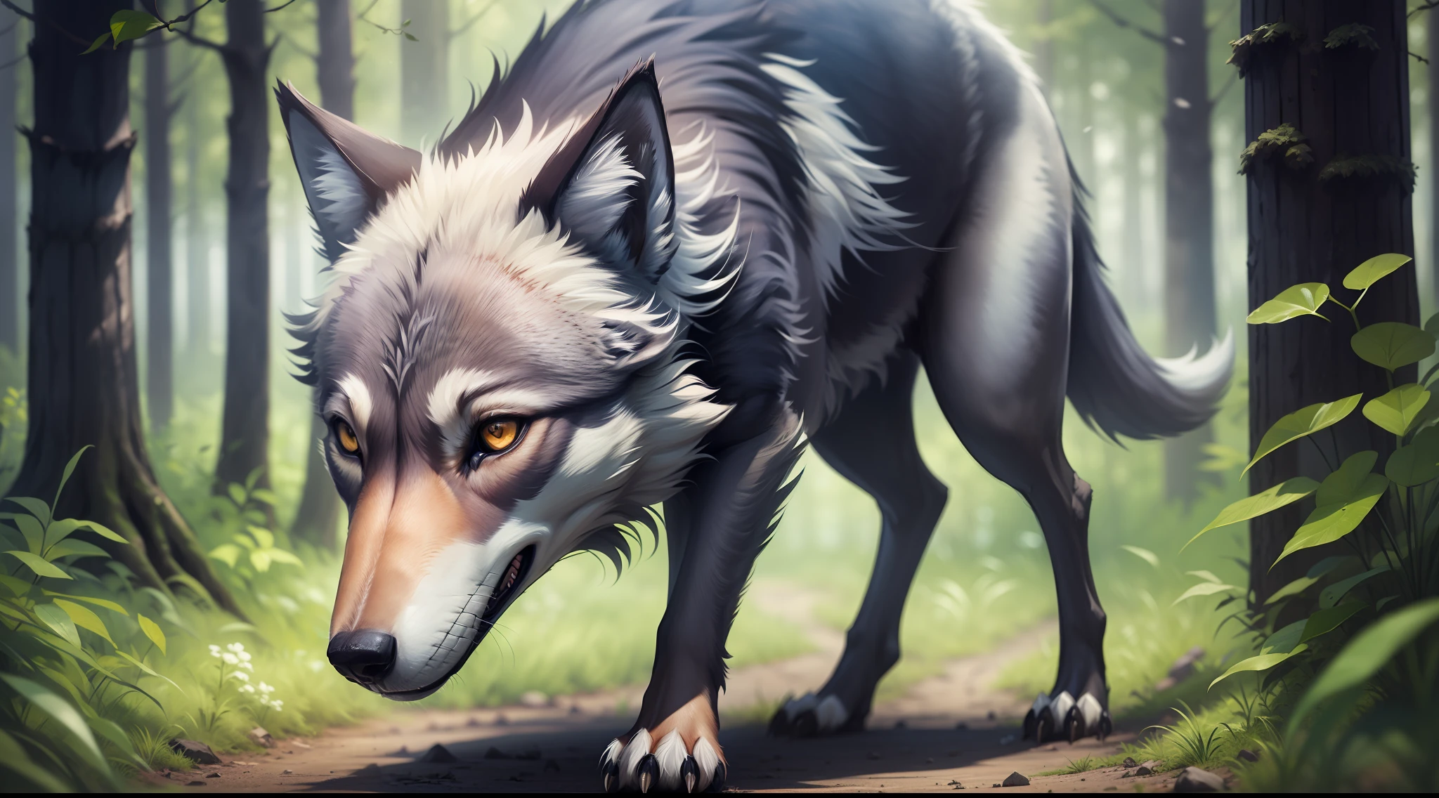 Drawing, ultra realistic, 8k, extremely detailed, in the best quality, a wolf, without its hind legs, in a forest.