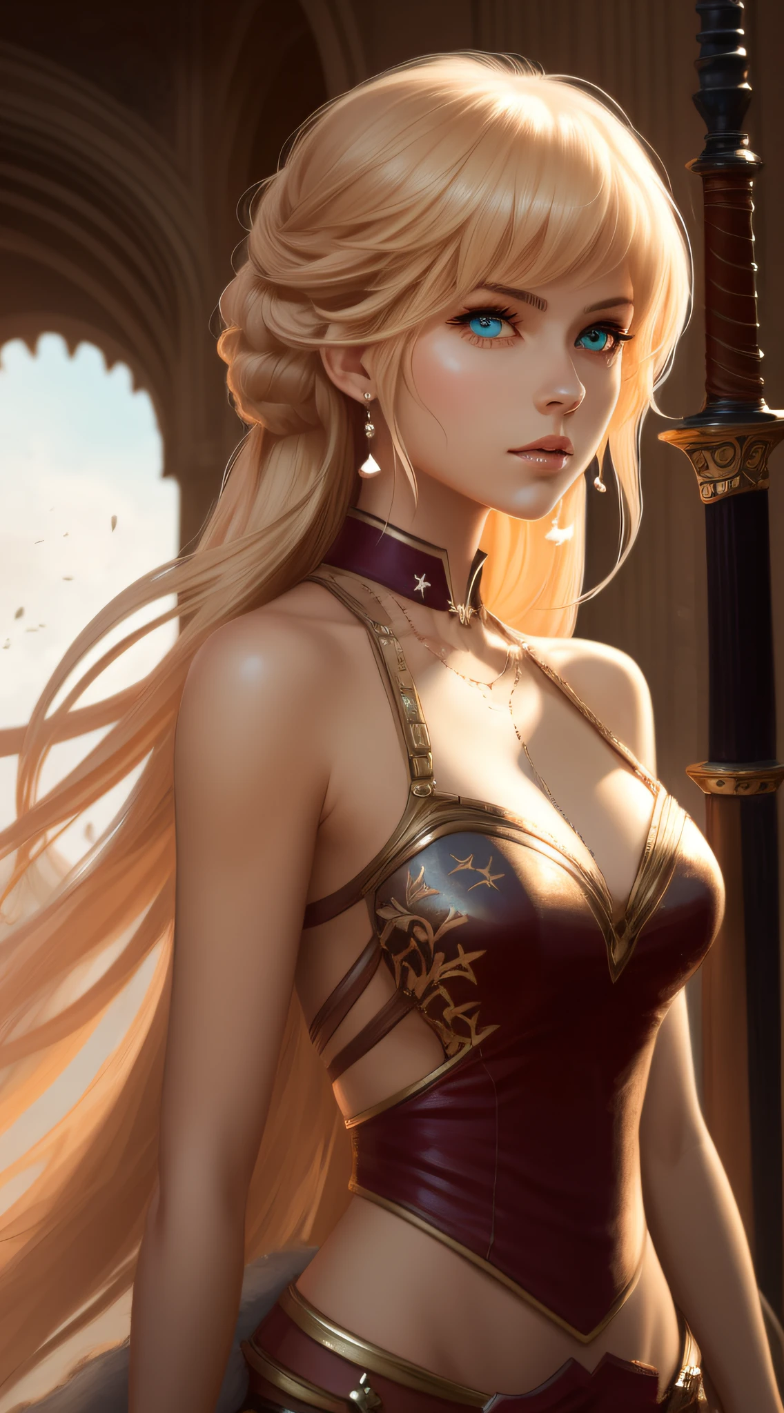 masterpiece, warrior princess, best quality, high quality, aqua, portrait, blonde hair, blue eyes, long hair, highly detailed, sword, realistic face, beautiful detailed eyes, fantasy art, artgerm style, illustration, Riiska art art, epic, fantasy, intricate, hyper detailed, art station, conceptual art, smooth, sharp focus, ray tracing, vibrant --auto