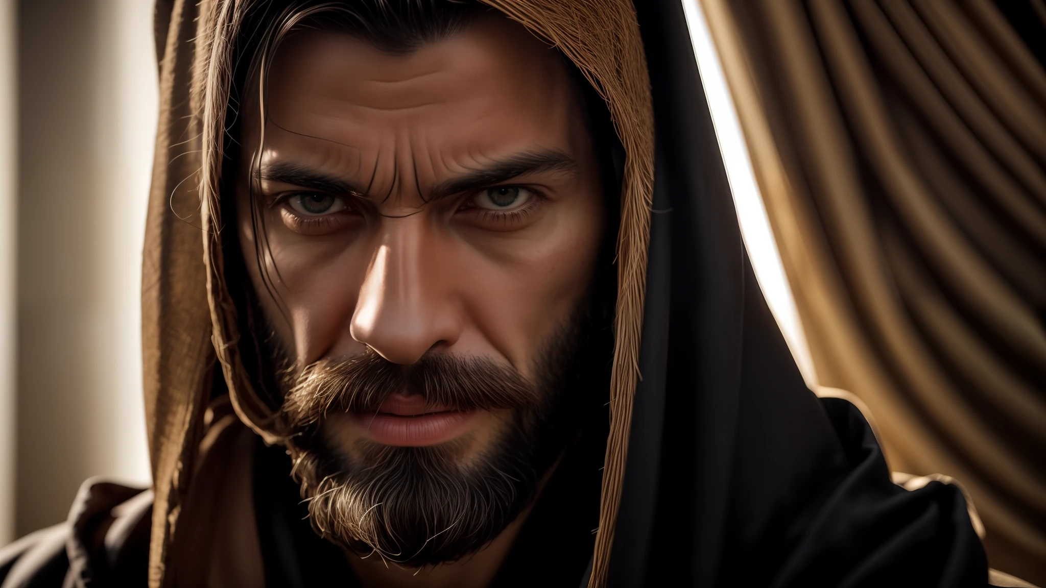"(4k, Best Photographic Quality), betrayal, Judas Iscariot, black robe, intense drama, depicting the complex story of Christ's passion." There is a man with a short beard, cinematic filmed epic portraits, 8K shot soft portrait, 4K color photography portrait, 8K artistic portrait photography, cinematic portrait, highly detailed VFX portrait, 37 year old man portrait photo of a man, 4K portrait photography, 8K shooting portrait, cinematic realistic portrait