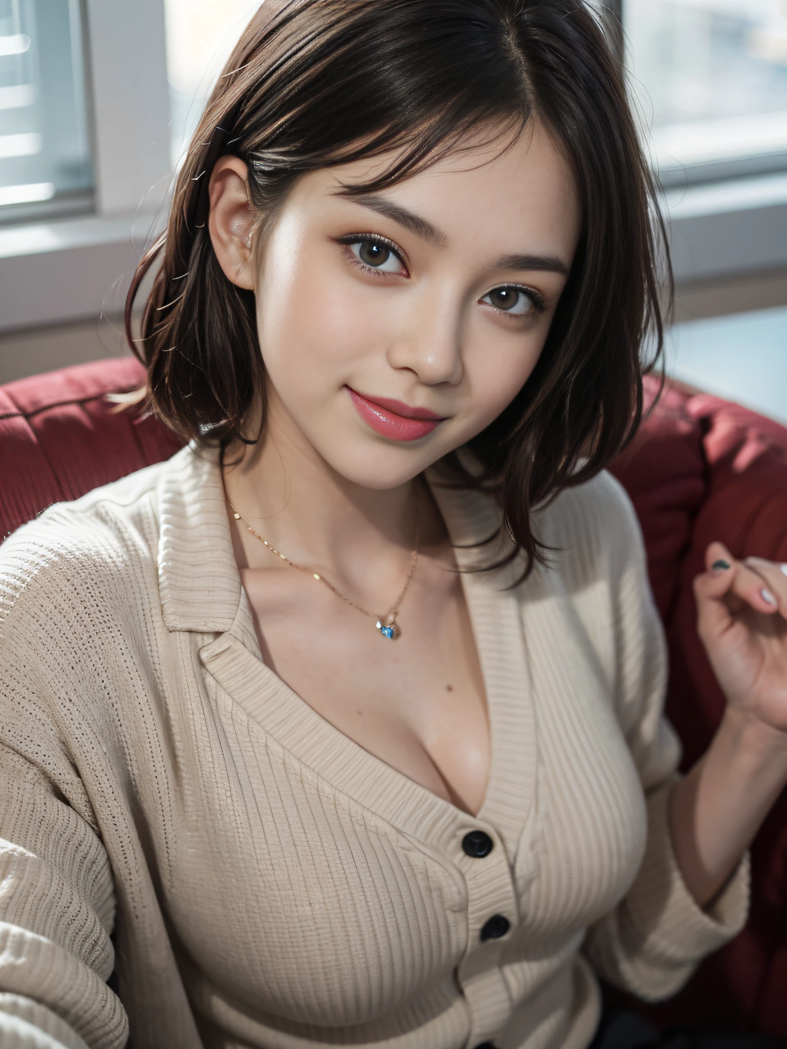 Female boss sitting on Japan person sofa, cleavage, high quality, super realistic, short cut, office lady, makeup, smile, beautiful eyes, beautiful and accurate face, gloss, beautiful skin, beautiful hands, background is office