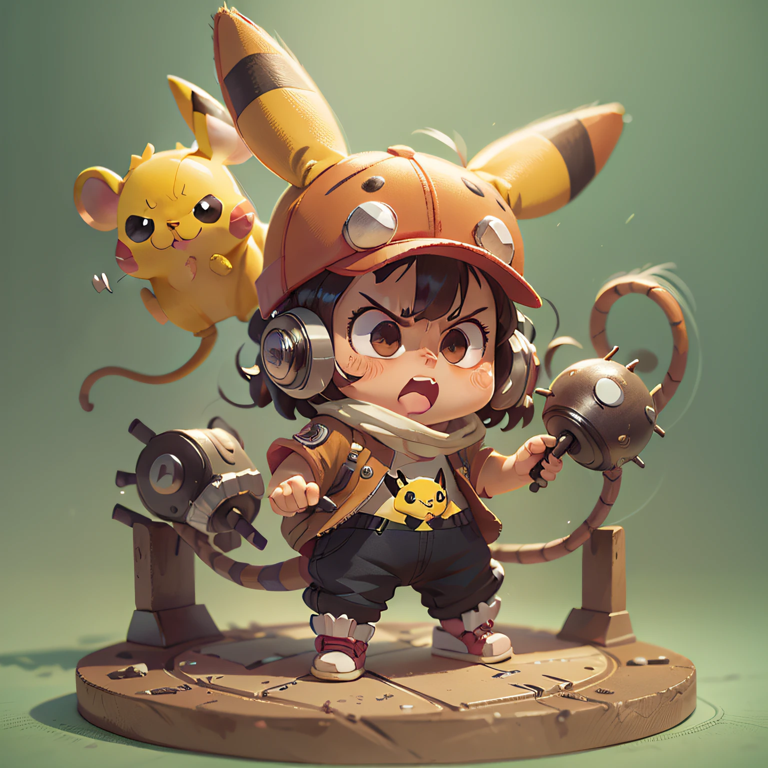 chibi, mouse, cute, pikachu, female, with action pose, angry face,  bigbadejo, full body, masterpiece, 3D Rendering, Best Quality, Lots of Detail, (plain background), vinyl toy figurine, (perfect hands)