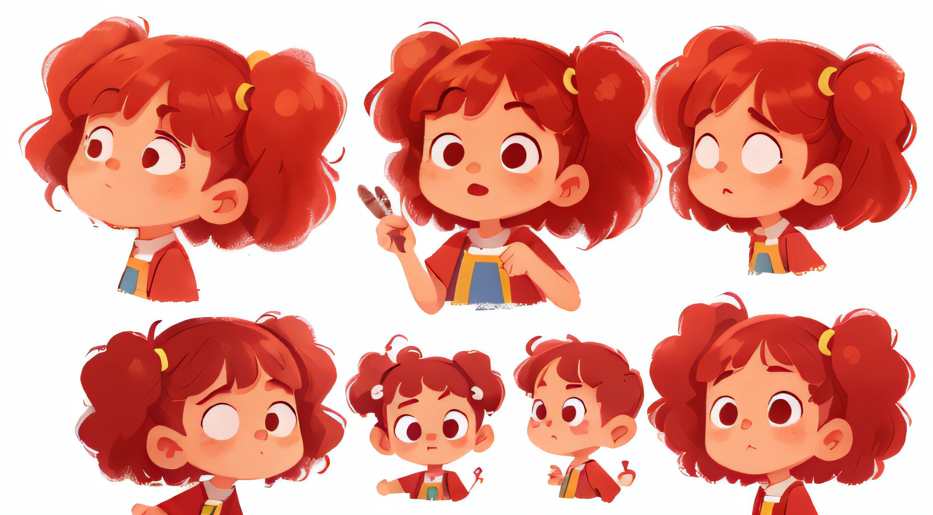 A cartoon character, in various poses, girl, 4 years old, with hair stuck split to both sides, perfect quality, white background, (masterpiece: 1.2) (Realistic: 1.2) (Best quality) (Detailed Skin: 1.3) (8K) (Eye Detail) (Sharp Focus)