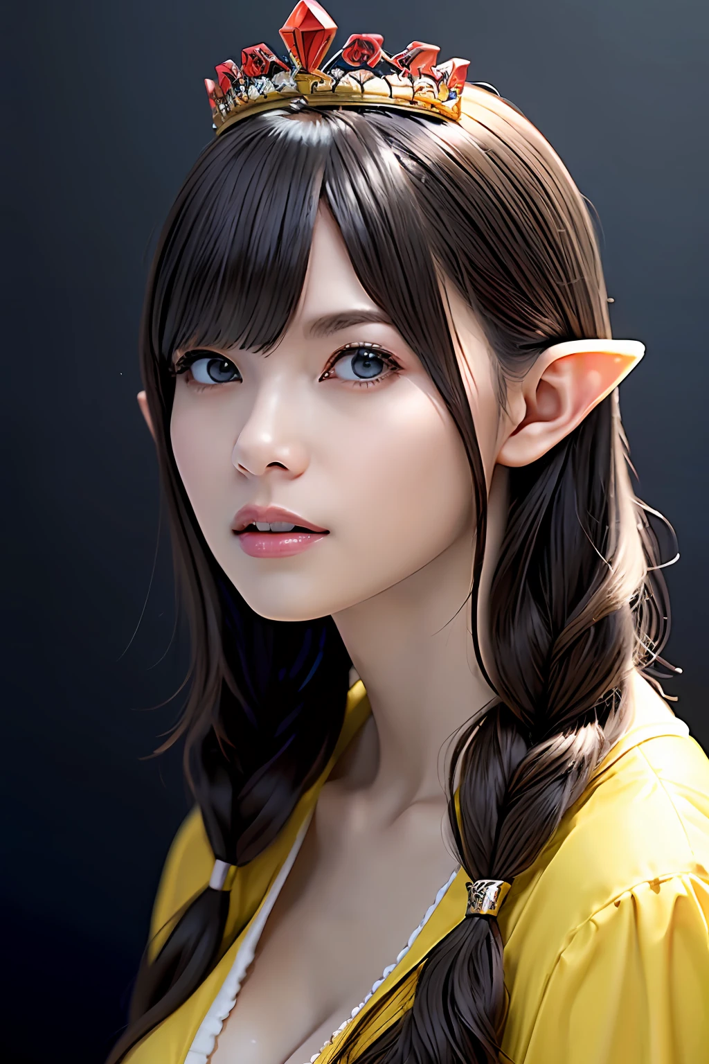 Ultra-detailed complex 3D rendering of face, (Colossal: 8.8), (masterpiece, top quality, octane rendering, 8K), glamour shot full body image, very beautiful young elf, cleavage, (very detailed skin: 1.2), (exposure: 1.1), blonde, ((wearing a plummeted open shirt of yellow silk: 1.5)), beautiful Caucasian woman with full soft breasts and white skin with big ass, 1 person, long braided hair, big breasts, dynamic angle, mystical expression, ultra-realistic photos, (((((portrait))), bare feet, futuristic urban background, facial muscles, detailed and beautiful queen crown, in the style of Marvel Comics, ArtStation trends, clear focus, studio photography, intricate details, very detailed, detailed red eyes, very detailed, Sharp Focus, Digital Rendering, Professional, Abs, Dark Grey Background, Shot with Canon EOS R 6, ((Sexy Pose)))), Seductive look, legs open with thighs,