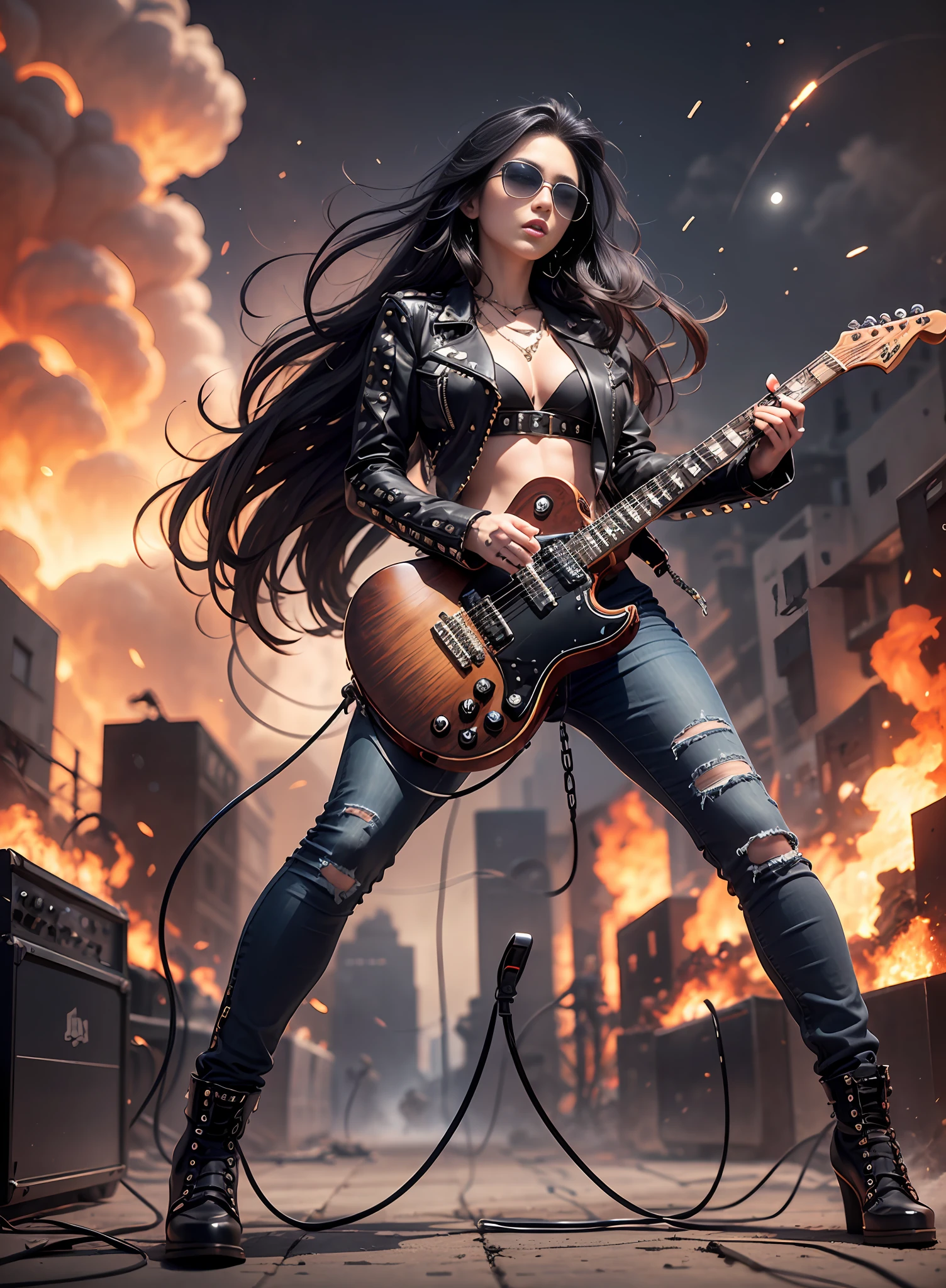 European Woman Metal Singer, long black hair, sunglasses, big chest, dark jeans, rivets, pants, belts, chains, plays white and black guitar. full body. explosions behind.