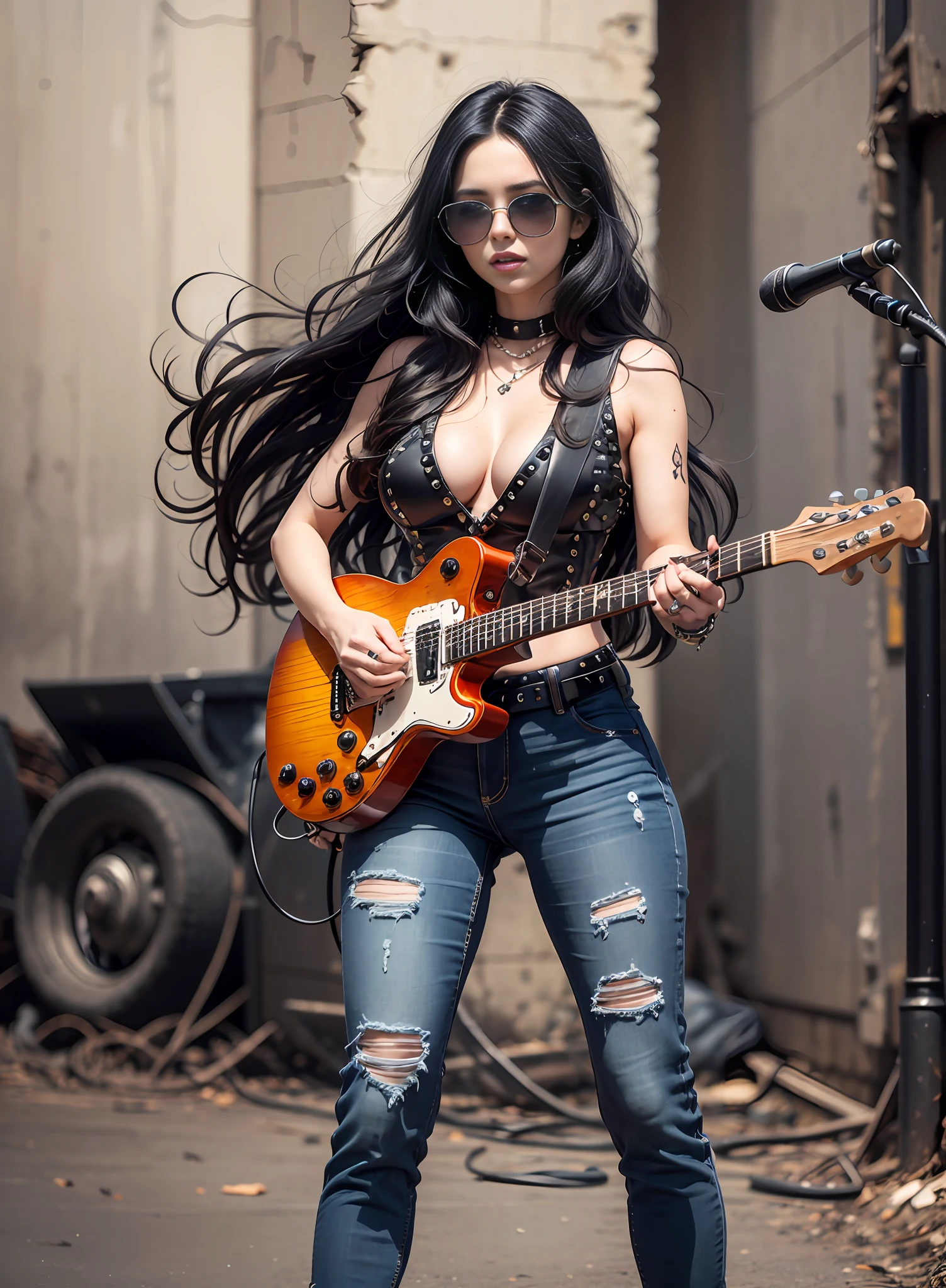 European Woman Metal Singer, long black hair, sunglasses, big chest, dark jeans, rivets, pants, belts, chains, plays white and black guitar. full body. explosions behind.