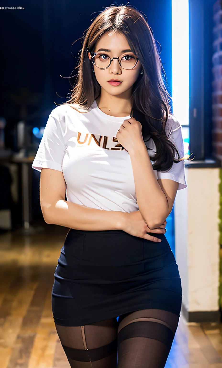 beautiful detailed girl, very detailed eyes and face, beautiful detailed eyes, ridiculous, incredibly ridiculous, huge file size, super detailed, high resolution, very detailed, best quality, masterpiece, ((t-shirt)), illustration, very detailed, CG, unity, 8k wallpaper, amazing, fine details, masterpiece, best quality, very detailed CG uniform 8k wallpaper, face light, movie lighting, 1girl, 16 years old, long white hair, side split, (big breasts), (( No panties)), (with glasses), ((dynamic pose)), (sexy pose), ((camel toe))), (half), ((pantyhose)), ((black hip skirt)), (knee-bending and leg-hugging))))