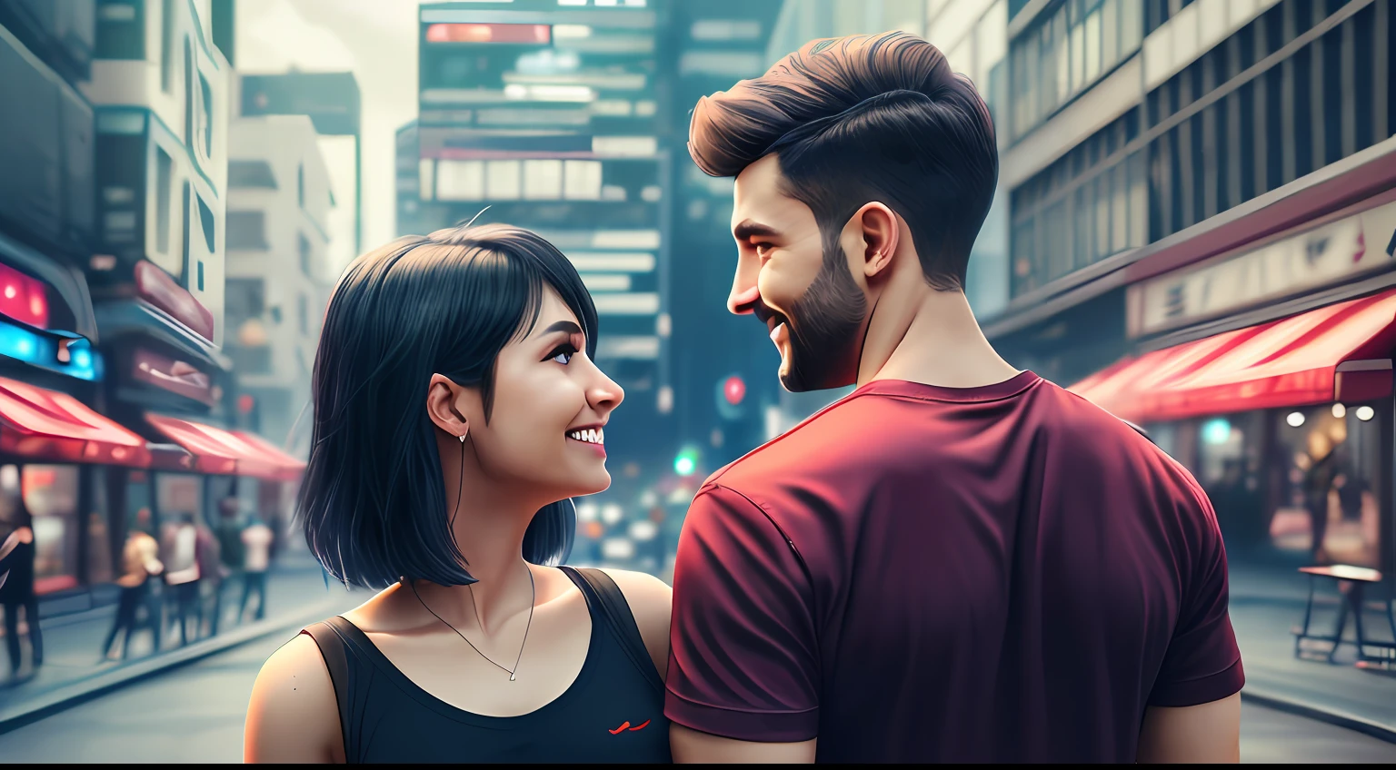 man walking next to a woman,beautiful woman, in love, love in the air, view of the back, man black t-shirt, whole body, woman black hair, dark hair, full body, both smiling, city, beautiful day, PARK IN THE MIDDLE OF THE CITY,park, water, bush, sidewalk, beautiful night, cinematic realistic portrait, render portrait 8k, realistic cinematic photo, realistic face moody lighting,  ultra realistic image, unreal engine character art, ultra realistic 8k cyberpunk art, cinematic, photorealistic art style, an ultra realistic, detailed portrait shot, handsome man, 8k portrait shot portrait --auto