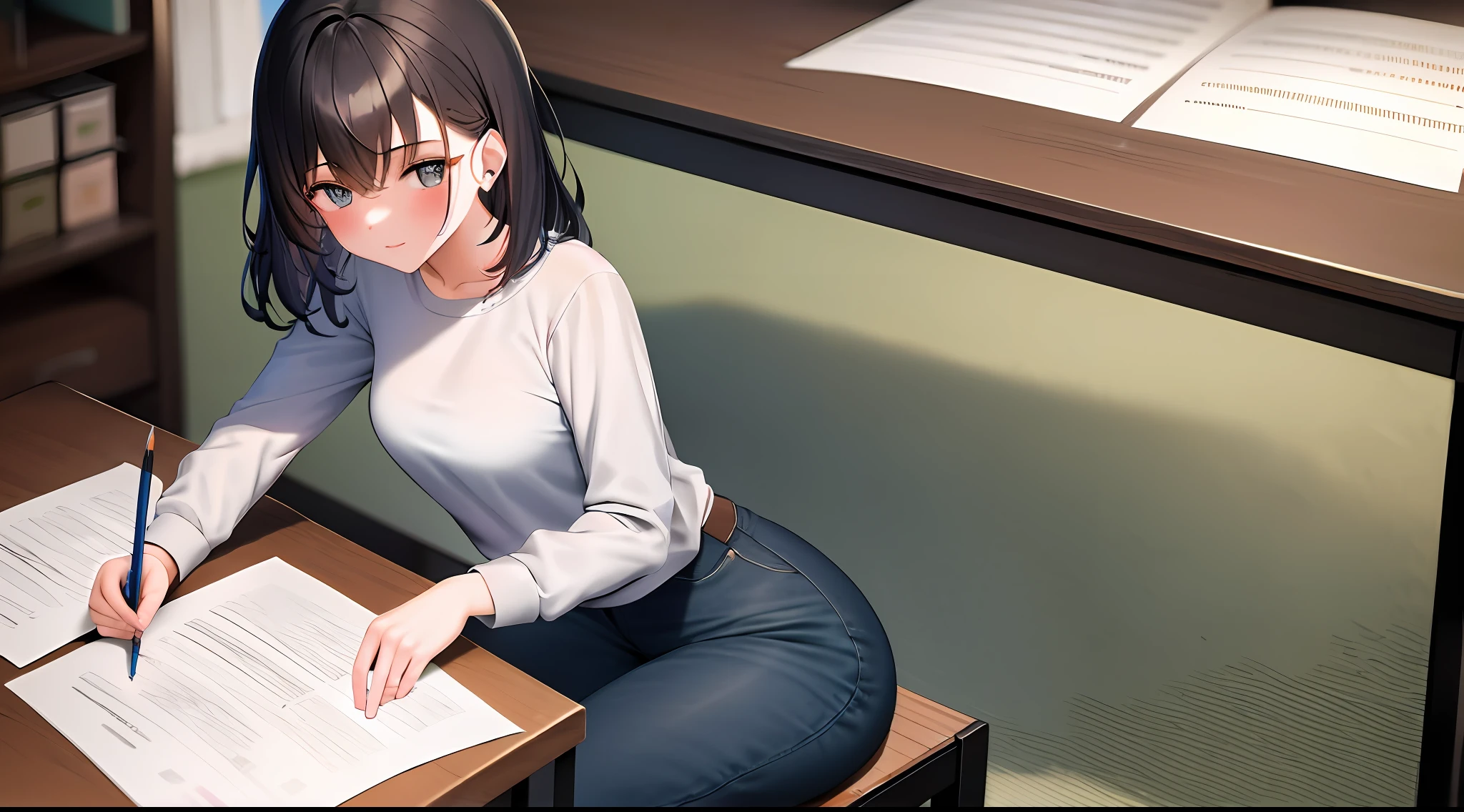 masterpiece, best quality, high resolution, 1girl, shirt, girl sitting on chair studying drafting at desk, horizontal angle, studying, paperwork, medium hair