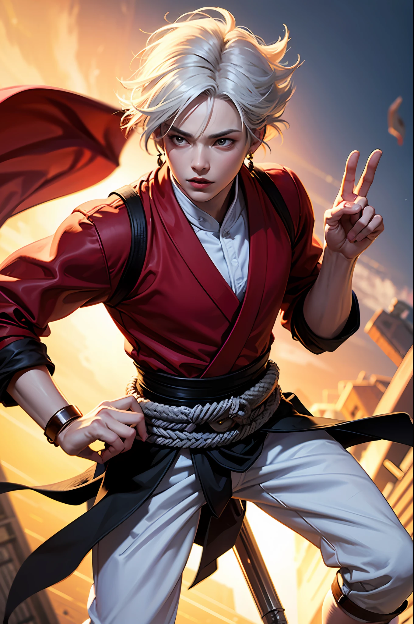 (masterpiece), (best quality), realistic, cinematic light, gohan of dragonbal z, cool pose, battlefield background, perfect body, white eyes, bobcut white hair