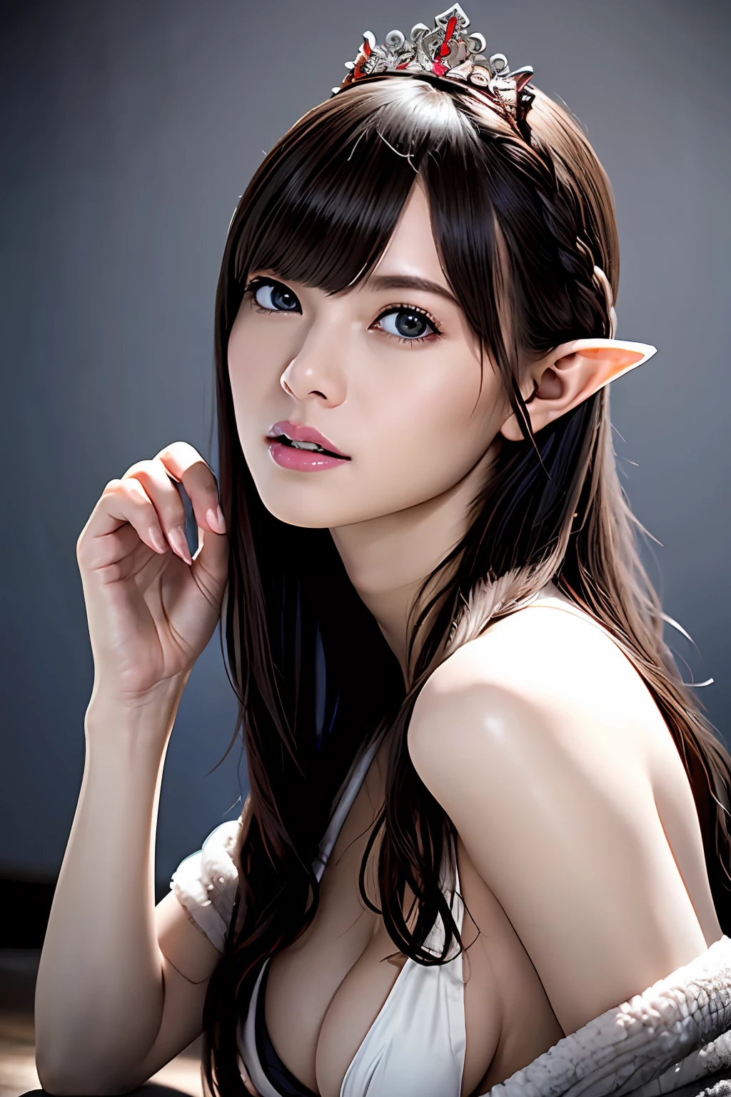 Ultra-detailed complex 3D rendering of the face, (Colossal: 8.8), (masterpiece, top quality, octane rendering, 8K), glamour shot full body image, very beautiful young elf, cleavage, (very detailed skin: 1.2), (exposure: 1.1), brown hair, (wearing a plummeted open shirt of white silk: 1.5)), beautiful Caucasian woman with white skin with full soft breasts with big buttocks, 1 person, long braided hair, big breasts, dynamic angle, mystical expression, ultra-realistic photos, (((((portrait))), bare feet, futuristic urban background, facial muscles, detailed and beautiful queen crown, in the style of Marvel Comics, ArtStation trends, clear focus, studio photography, intricate details, very detailed, detailed red eyes, very detailed, Sharp Focus, Digital Rendering, Professional, Abs, Dark Grey Background, Shot with Canon EOS R 6, (((((Sexy Pose)))),