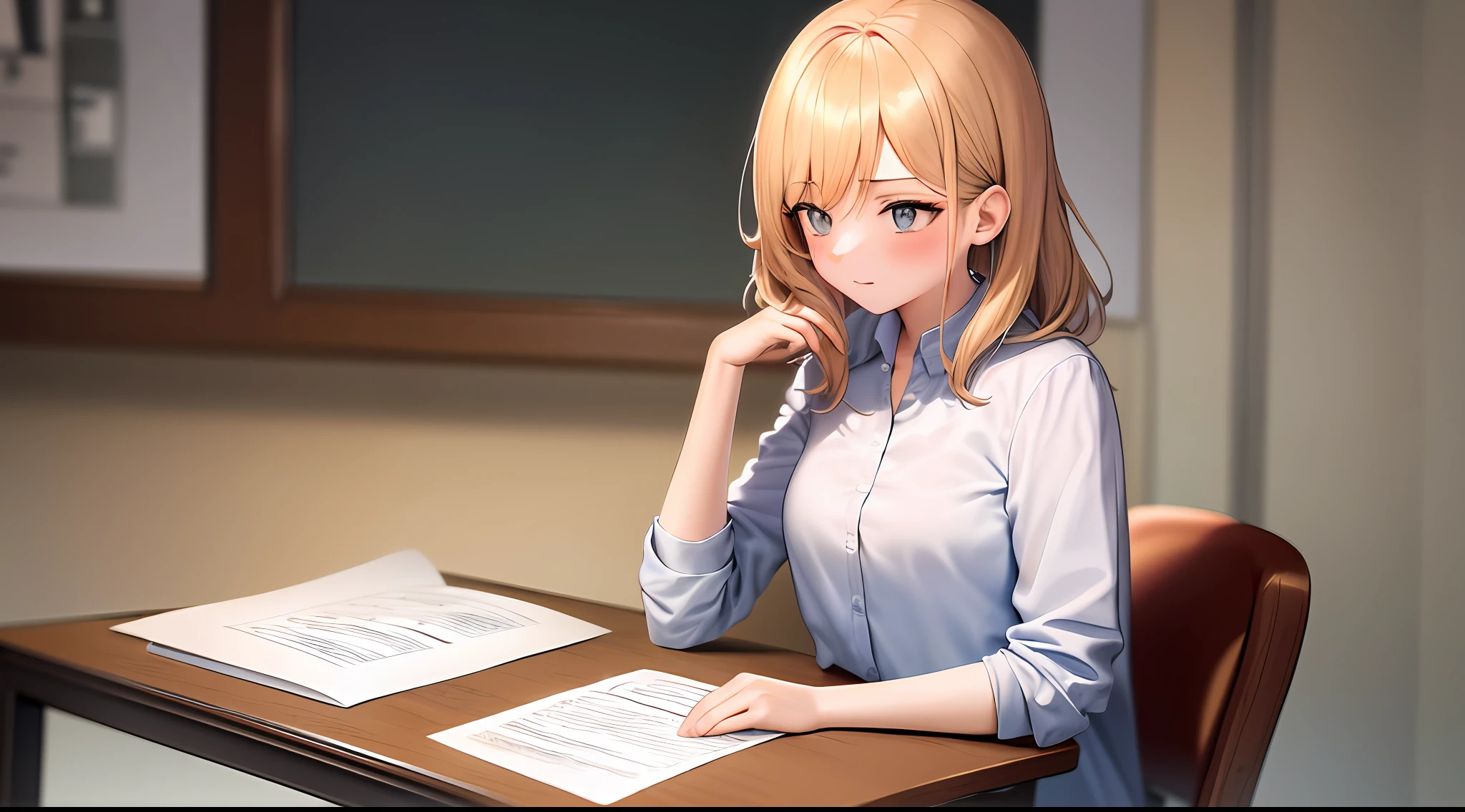 masterpiece, best quality, high resolution, 1girl, shirt, girl sitting on chair studying drafting at desk, horizontal angle, studying, paperwork, medium hair