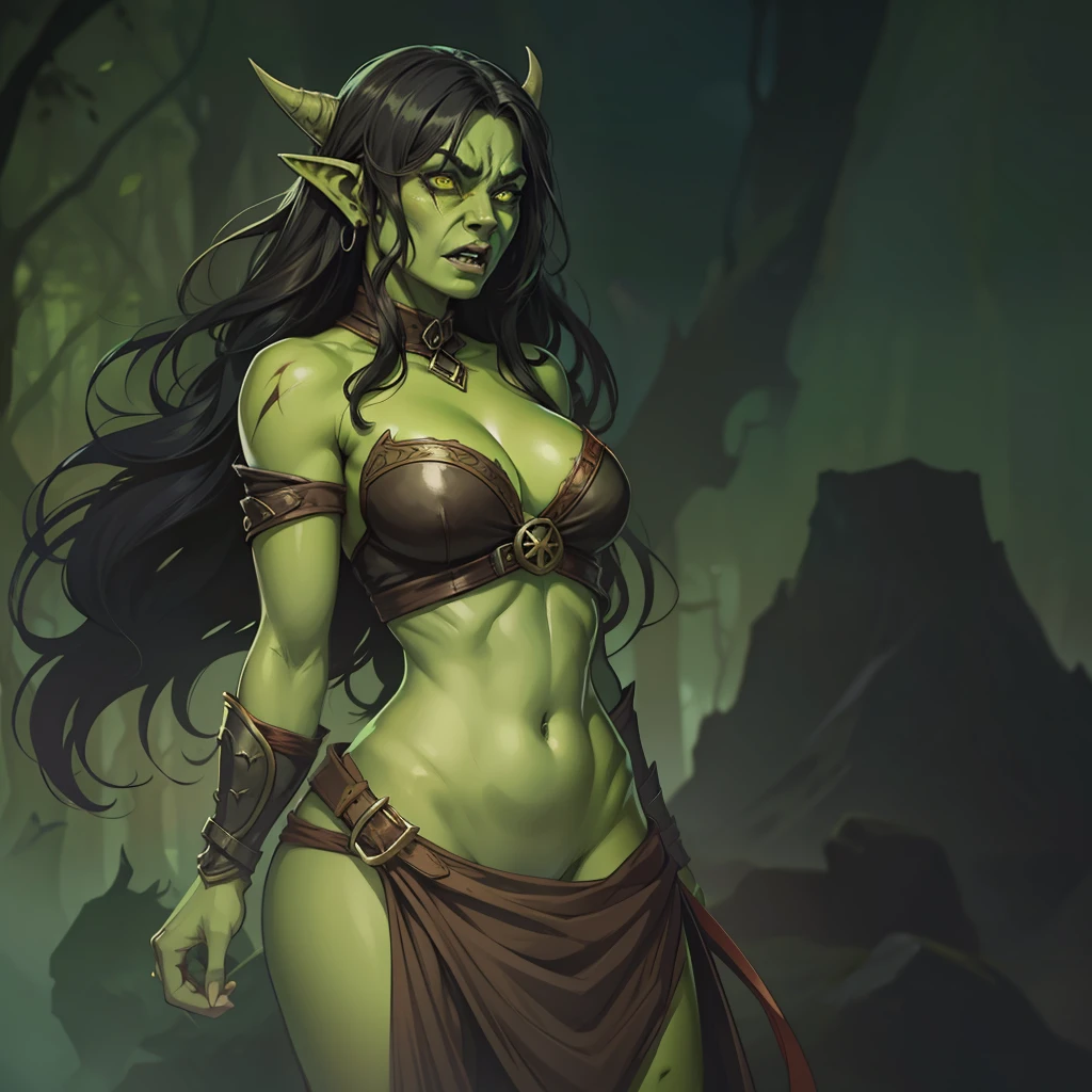 (extremely detailed 8k wallpaper), dark theme, Medieval Fantasy, comic, graphic novel, Pathfinder and DnD RPG character, ((woman)), ((Barbara)), (orc) muscular, strong, wearing leather armor and animal skins, sharp focus, (subsurface scattering:1.1), award-winning photography, centered face, bulging orc bottom fangs, Chinese eyes, full-body shot:1.1, afro black hair, supernatural green eyes, moss green skin, bloodstained, angry expression, inside the forest, dramatic lighting