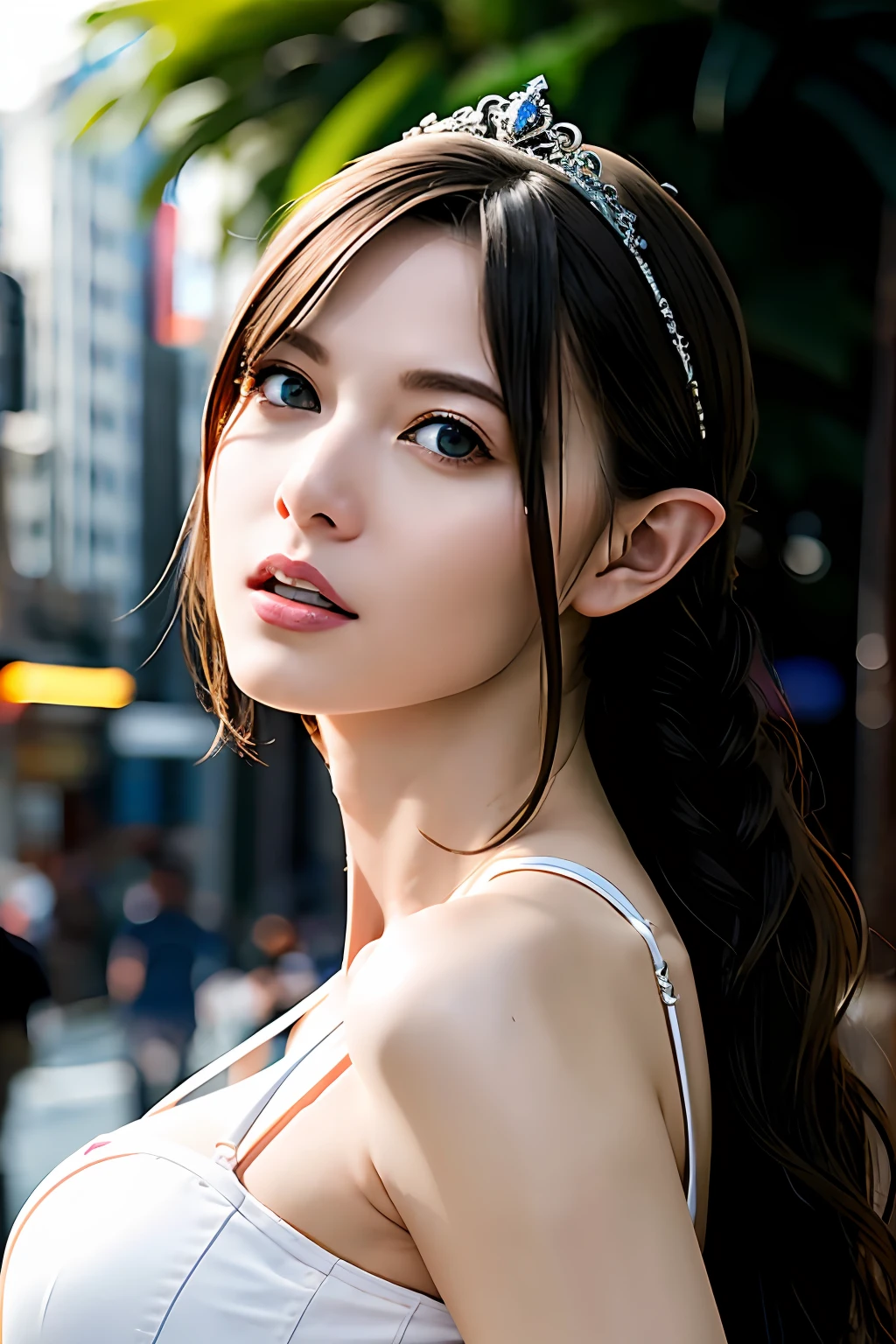 Ultra-detailed complex 3D rendering of the face, (Colossal: 8.8), (masterpiece, top quality, octane rendering, 8K), glamour shot full body image, very beautiful young elf, cleavage, (very detailed skin: 1.2), (exposure: 1.1), (blonde elf)))), (wearing a plummeted tank top of white silk: 1.5)), , Beautiful Caucasian woman with big buttocks full soft breasts and white skin, one, long braided hair, big breasts, dynamic angle, mystical expression, ultra-realistic photos, (((((portrait)))), bare feet, futuristic urban background, facial muscles, detailed and beautiful queen tiara, in the style of Marvel Comics, ArtStation trends, clear focus, studio photography, intricate detail, highly detailed, detailed yellow eyes, sharp focus, digital rendering, professional, abs, shot with Canon EOS R 6, natural jungle, open mouth lightly (sexy pose))),