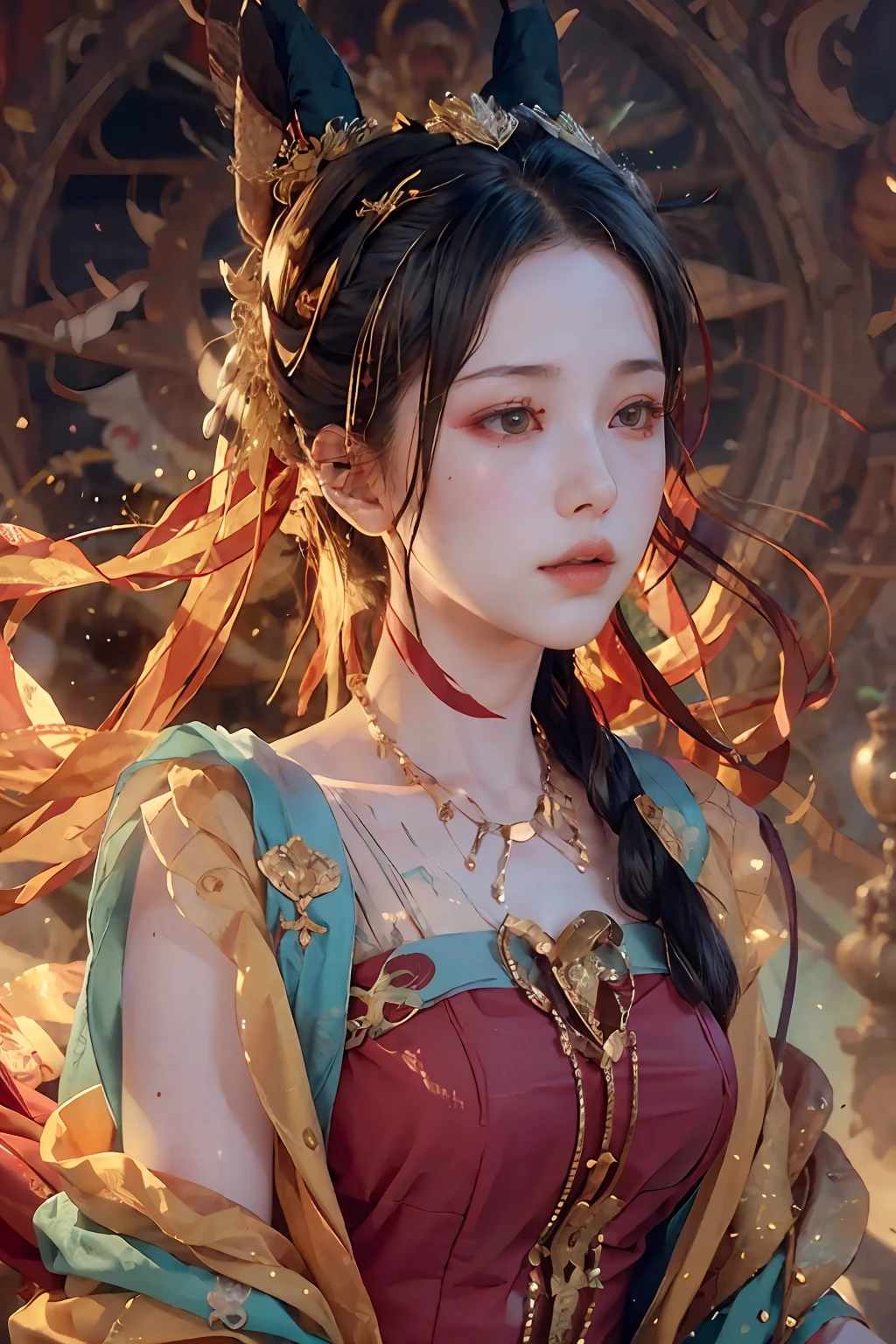 (RAW Photo, Best Quality), (Realistic, Photo Realistic: 1.3), Best Quality, Highly Detailed, Masterpiece, Hyperdetail, Illustration, 1 Girl, upper_body, Dynamic Angle, World Masterpiece Theater, messy_long_hair, Best Quality, Extremely Detailed CG Uniform 8k Wallpaper, Ink, Amazing, Cinematic Lighting, lens_flare,,dunhuang_style, Red Clothes,