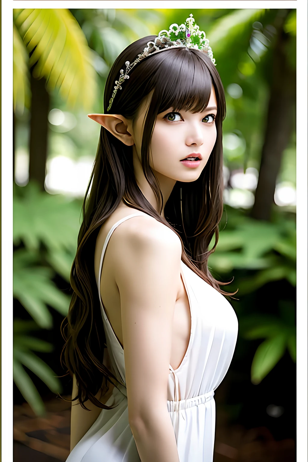 Ultra-detailed complex 3D rendering of the face, (Colossal: 8.8), (masterpiece, top quality, octane rendering, 8K), glamour shot full body image, very beautiful young elf, cleavage, (very detailed skin: 1.2), (exposure: 1.1), (blonde elf)))), (wearing a plummeted tank top of white silk: 1.5)), , Beautiful Caucasian woman with big buttocks full soft breasts and white skin, one, long braided hair, big breasts, dynamic angle, mystical expression, ultra-realistic photos, (((((portrait)))), bare feet, futuristic urban background, facial muscles, detailed and beautiful queen tiara, in the style of Marvel Comics, ArtStation trends, clear focus, studio photography, intricate detail, highly detailed, detailed yellow eyes, sharp focus, digital rendering, professional, abs, shot with Canon EOS R 6, natural jungle, open mouth lightly (sexy pose))),